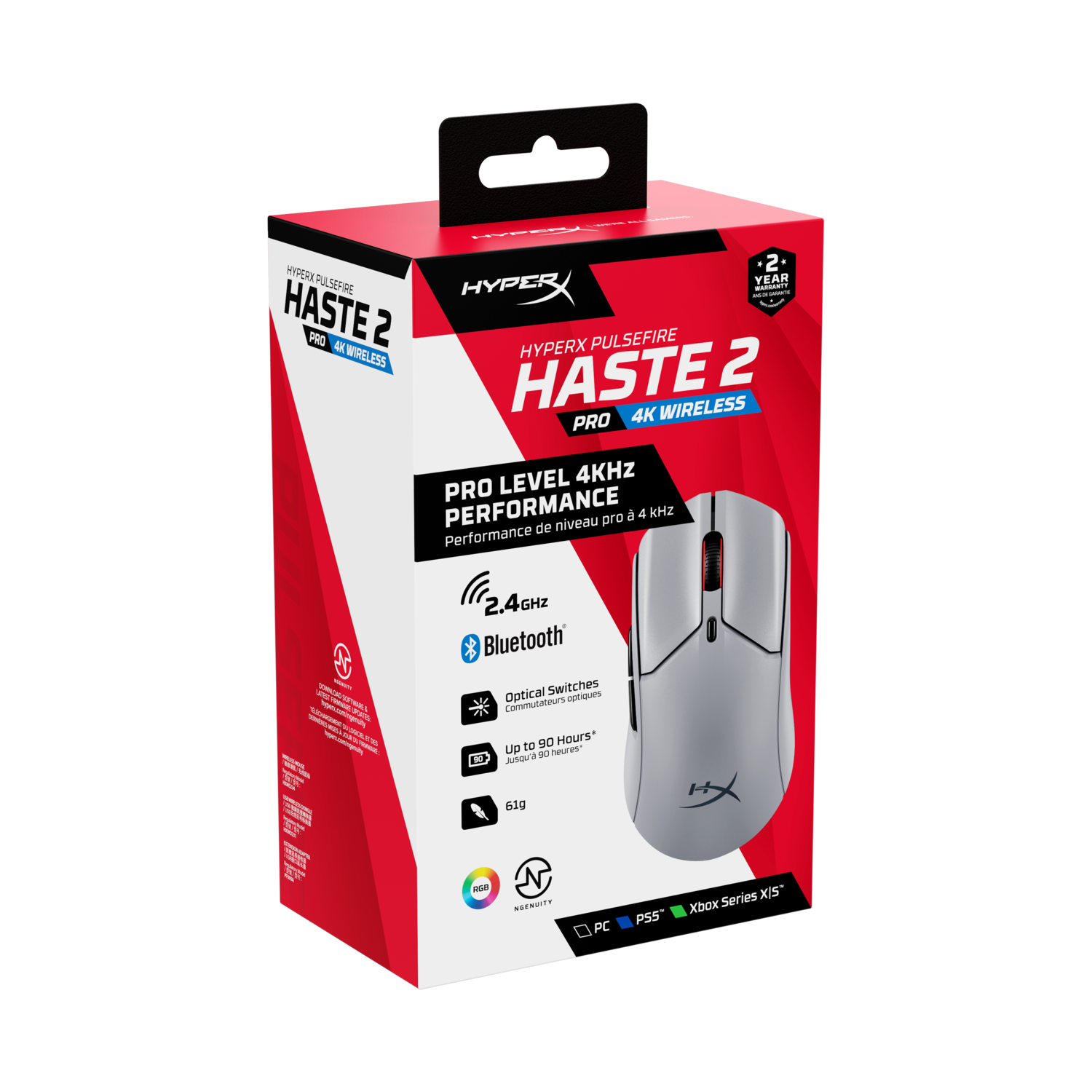 Doos van HyperX Pulsefire Haste 2 gamingmuis. Toont muis, functies en het 4K draadloos label.