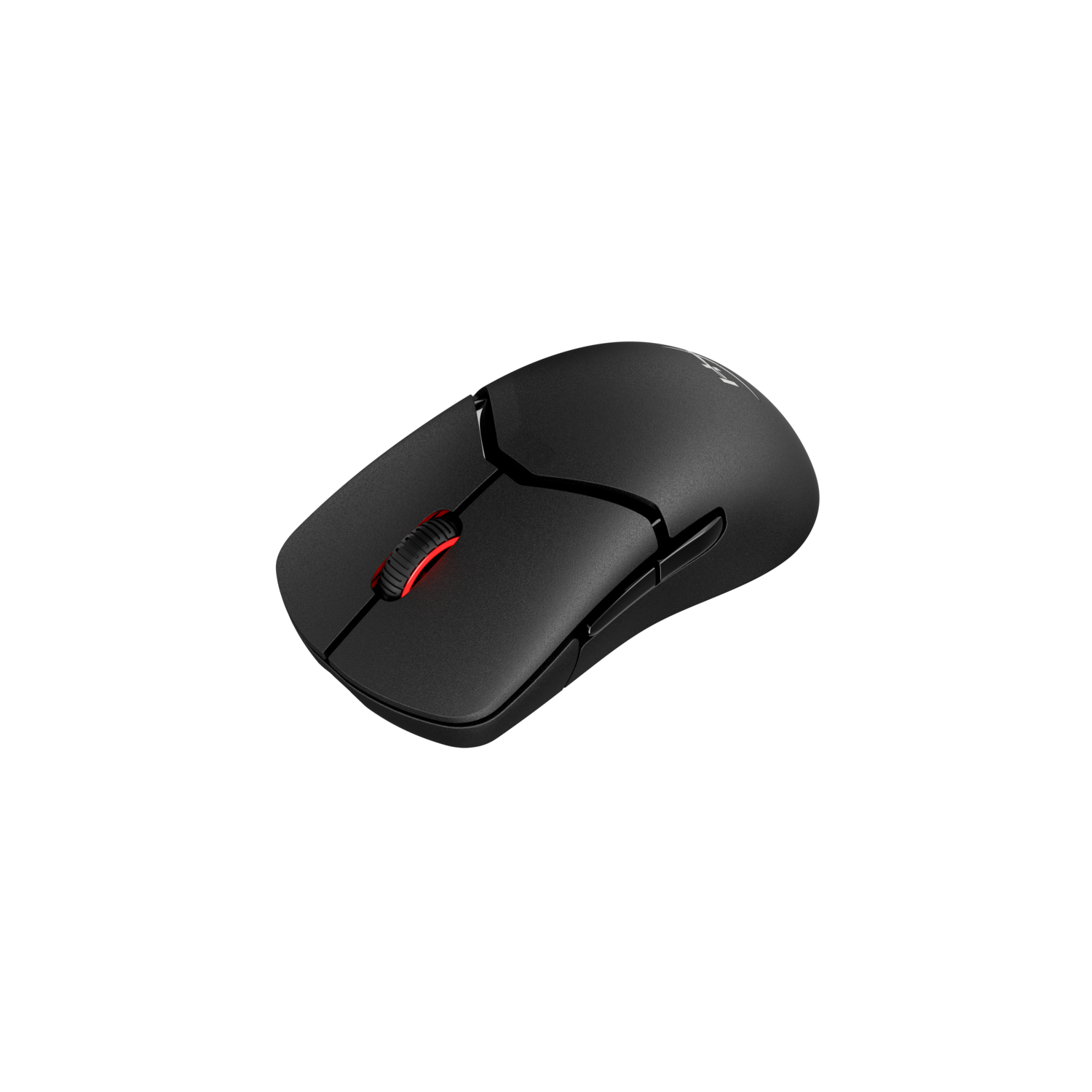 Black computer mouse with a red scroll wheel, on a black background.