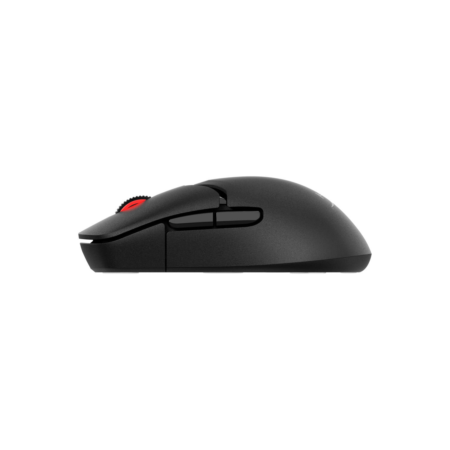 Black computer mouse, side view. Red scroll wheel and two side buttons visible.