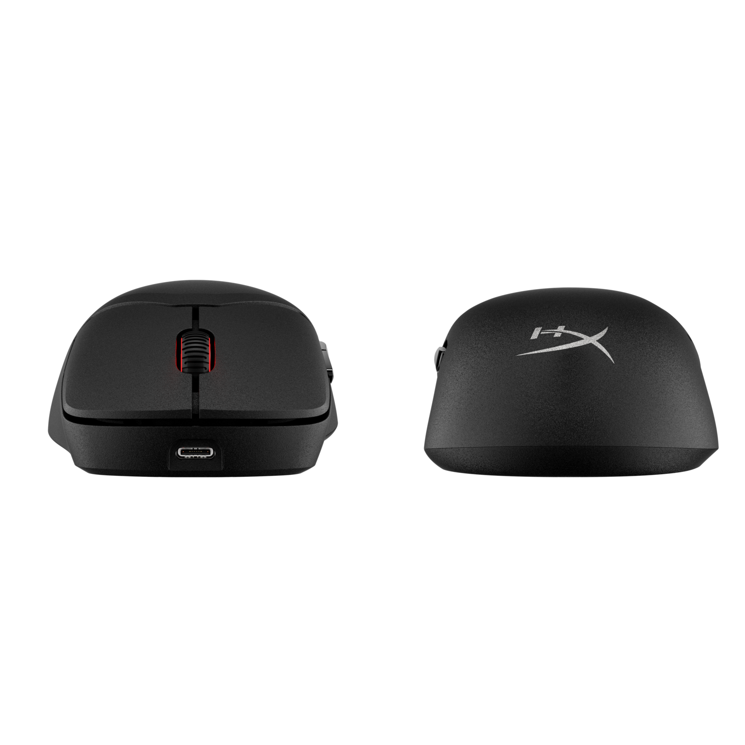 Two black wireless computer mouses.