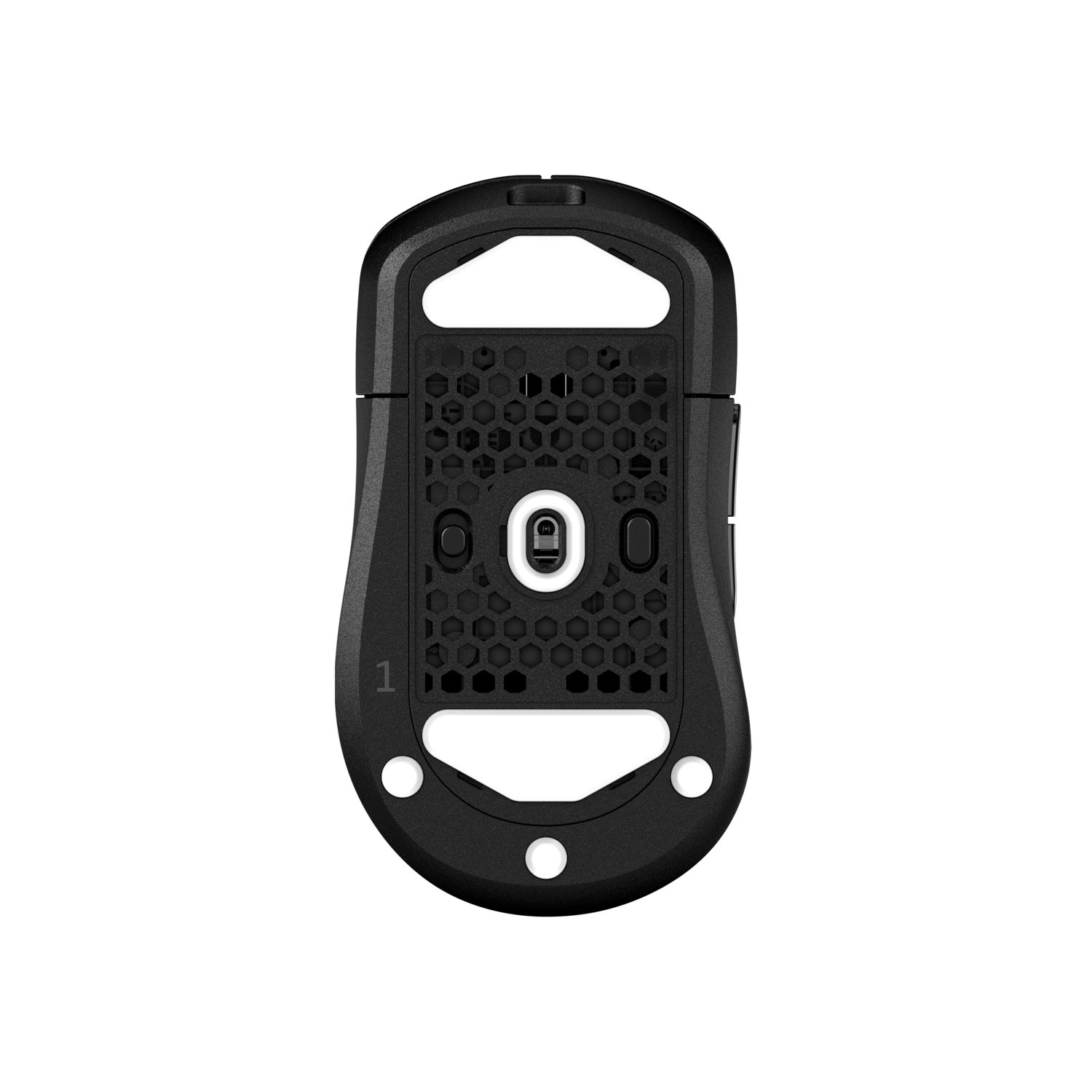 Bottom of a black computer mouse. Shows honeycomb pattern and white feet. Black background.