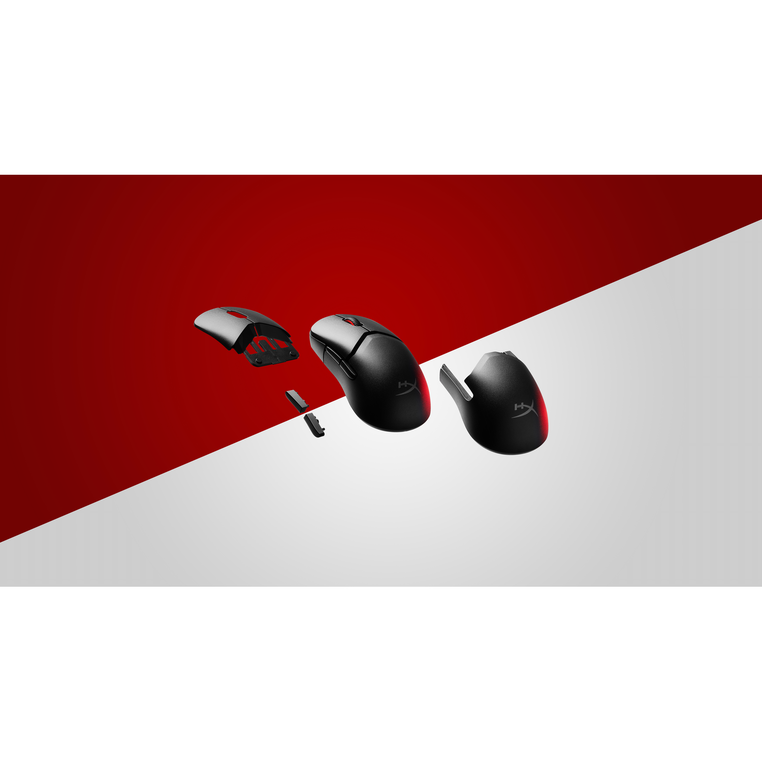 An exploded view of a black gaming mouse. The mouse is separated into three parts on a white and red surface.