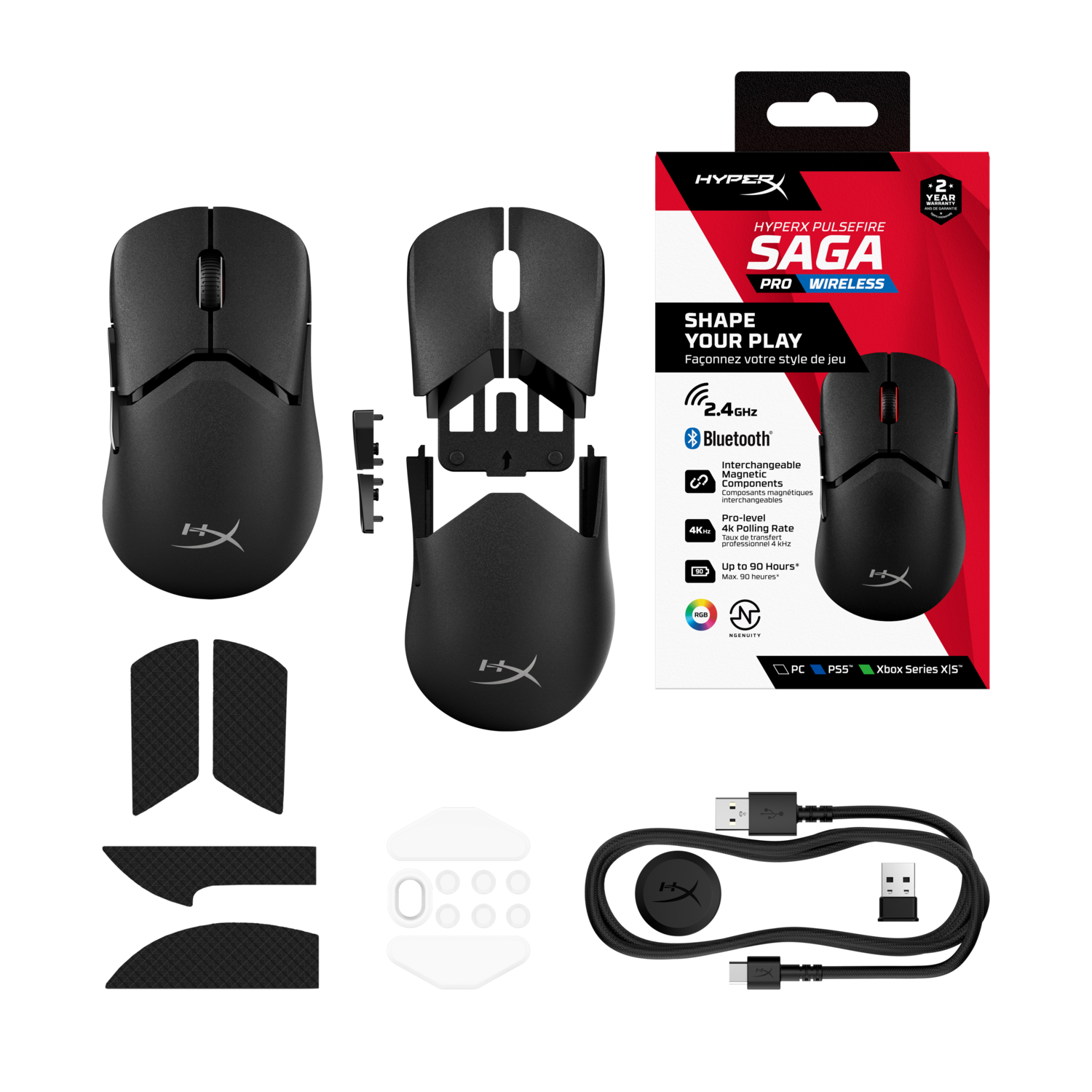 A black HyperX gaming mouse, components, and accessories.