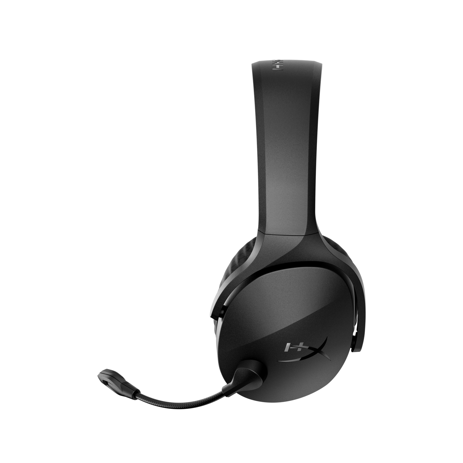 Casque HyperX noir avec microphone. Fond noir, vue en angle. Logo HyperX visible.