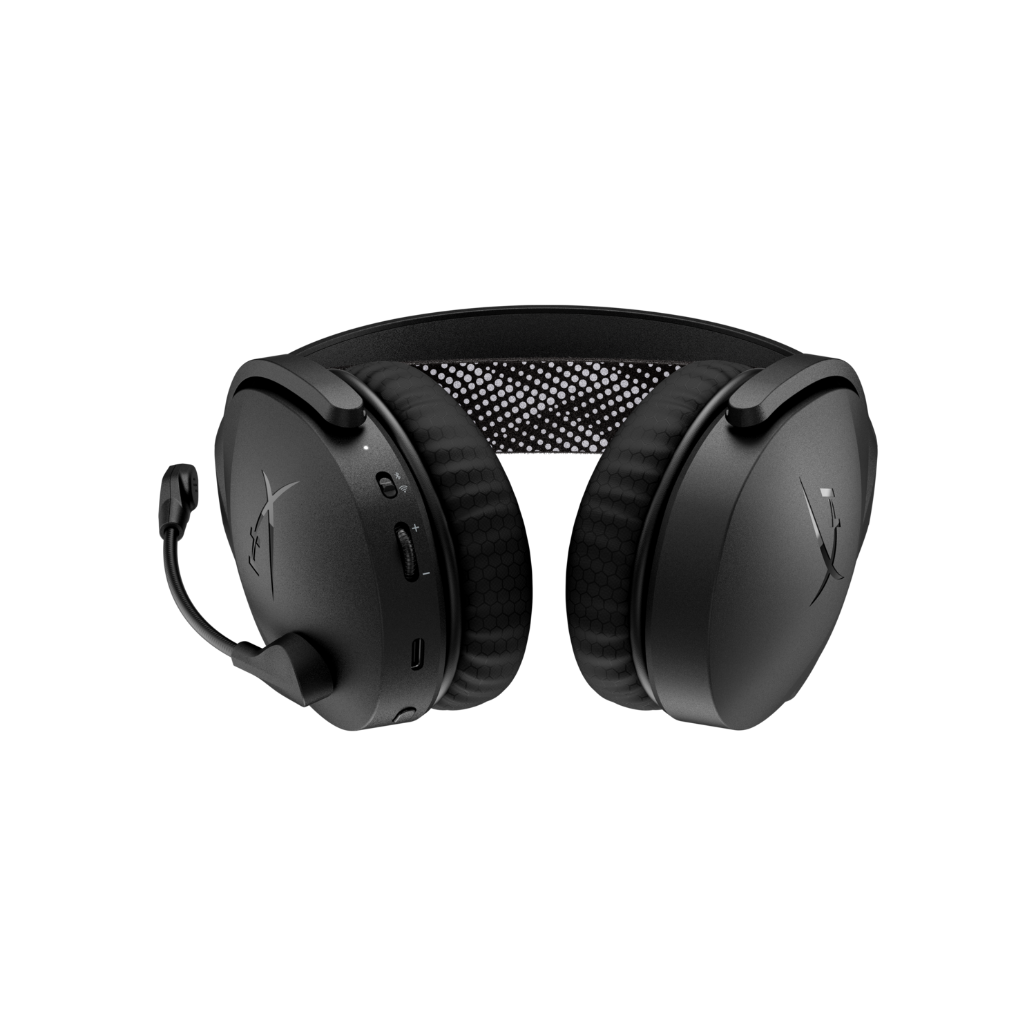 Casque de jeu noir avec micro sur fond noir.