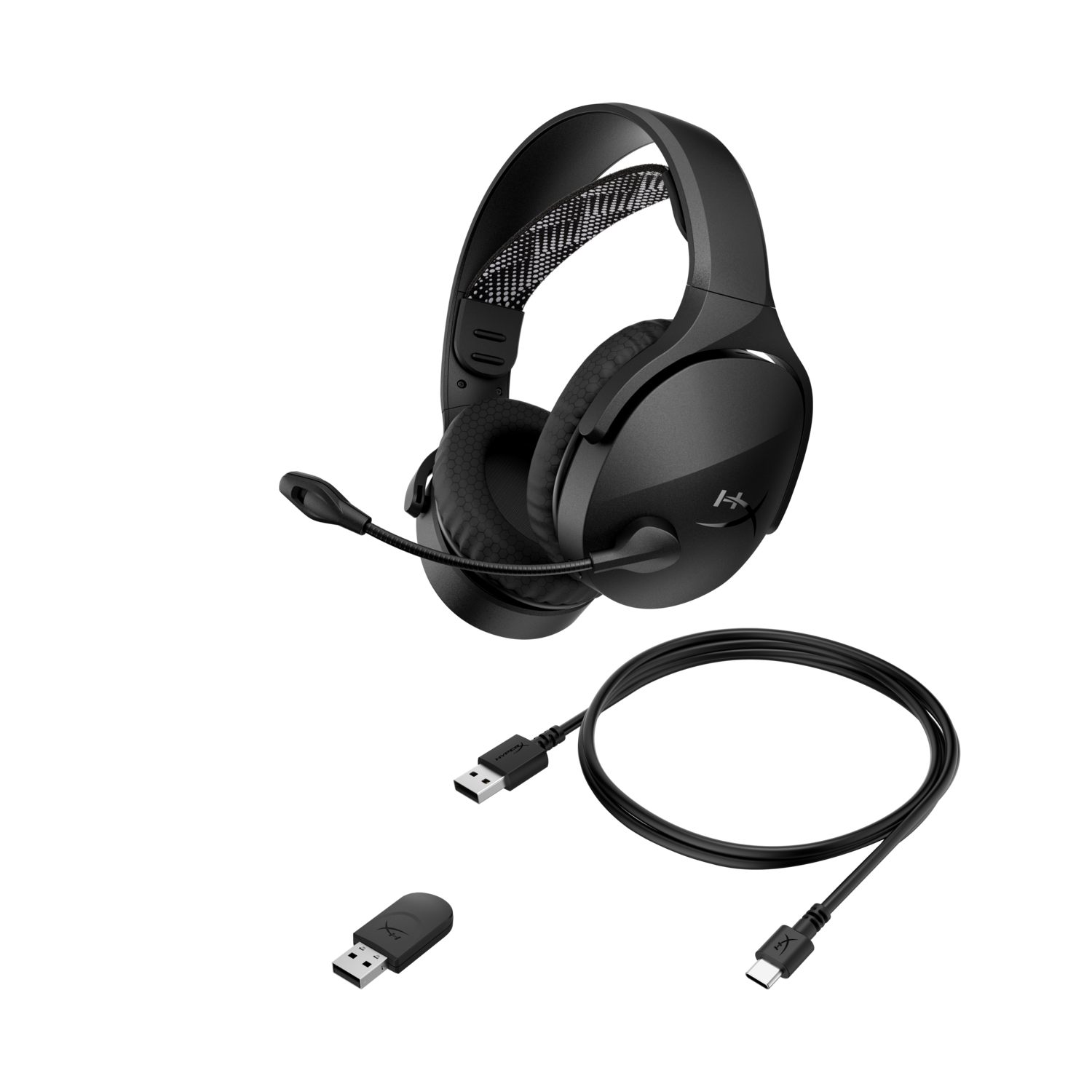 Casque de jeu noir avec un microphone, un câble USB et un récepteur USB, le tout sur fond noir.