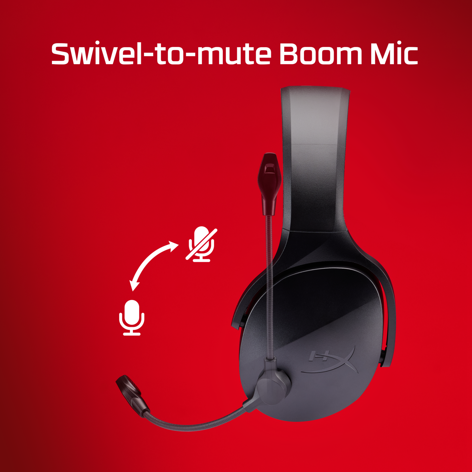 Casque de jeu noir et rouge avec micro pivotant. Fond rouge avec icônes.