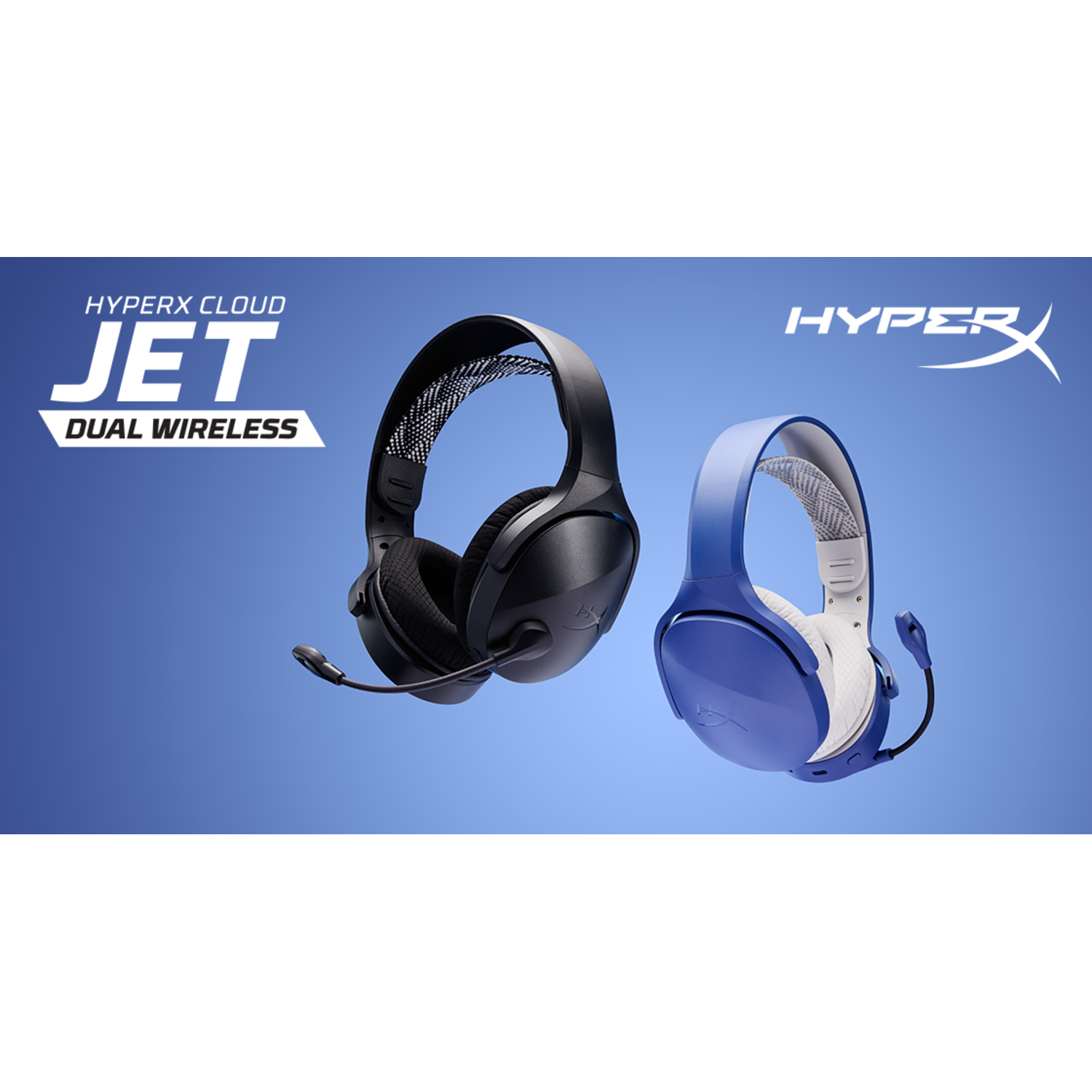 Deux casques sans fil HyperX Cloud Jet noirs et bleus avec micros, sur fond bleu.