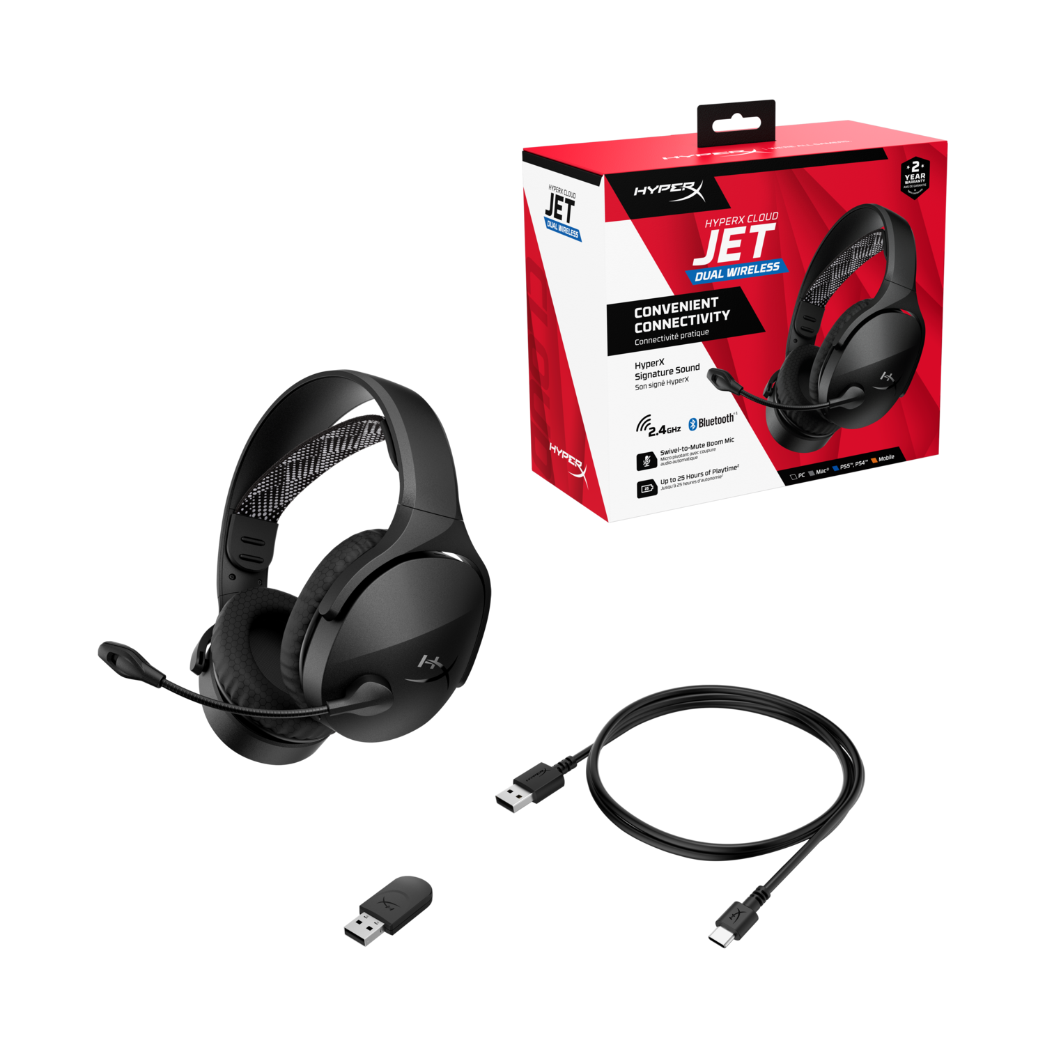 Un casque de jeu sans fil double HyperX Cloud Jet noir avec accessoires sur fond noir.