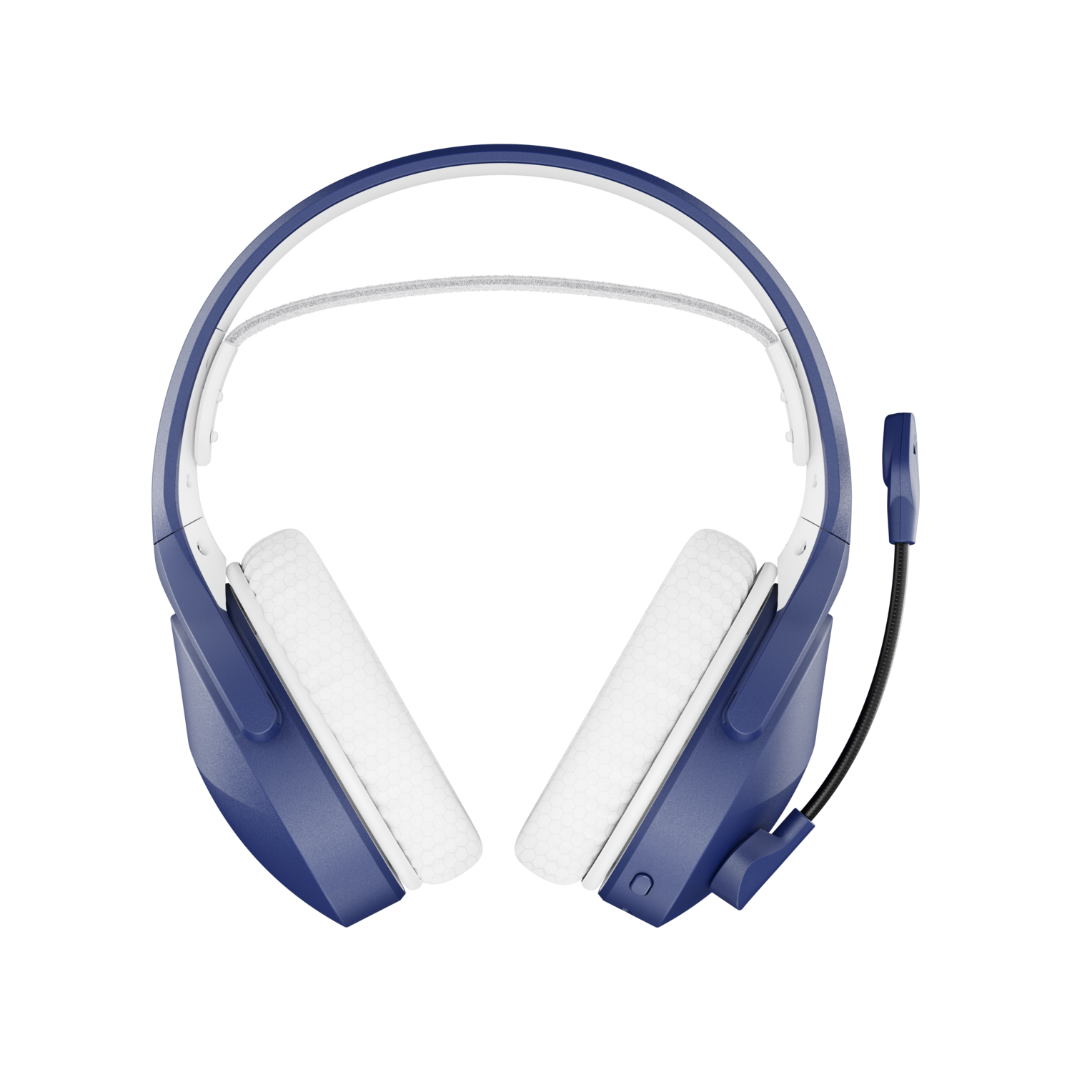 Blue and white gaming headset, top view, isolated on a black background.