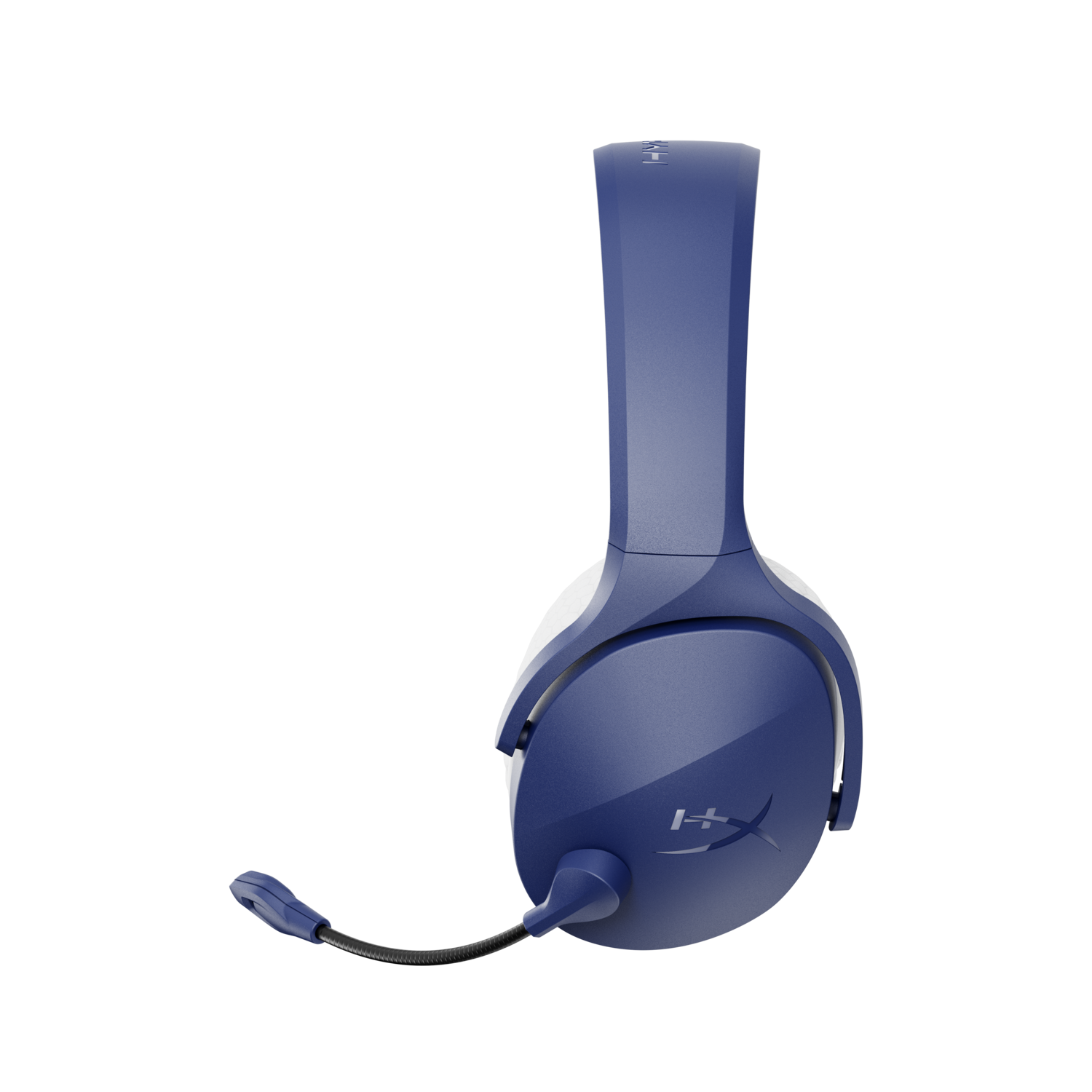 Blue gaming headset with a microphone on a black background.