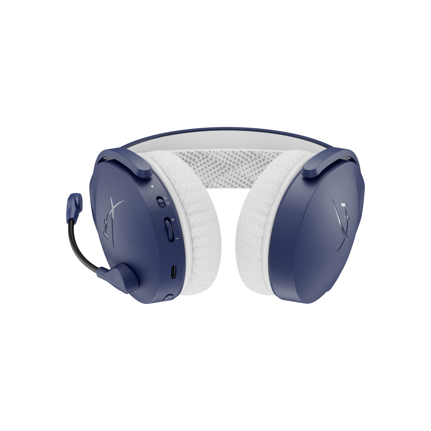 A blue gaming headset. The headset is blue with white padding and has a microphone attached.