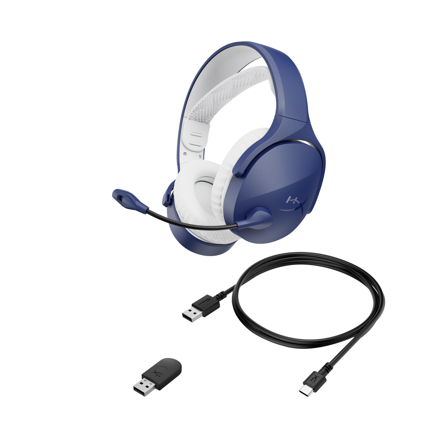 Blue and white gaming headphones, black cable, and a USB adapter.