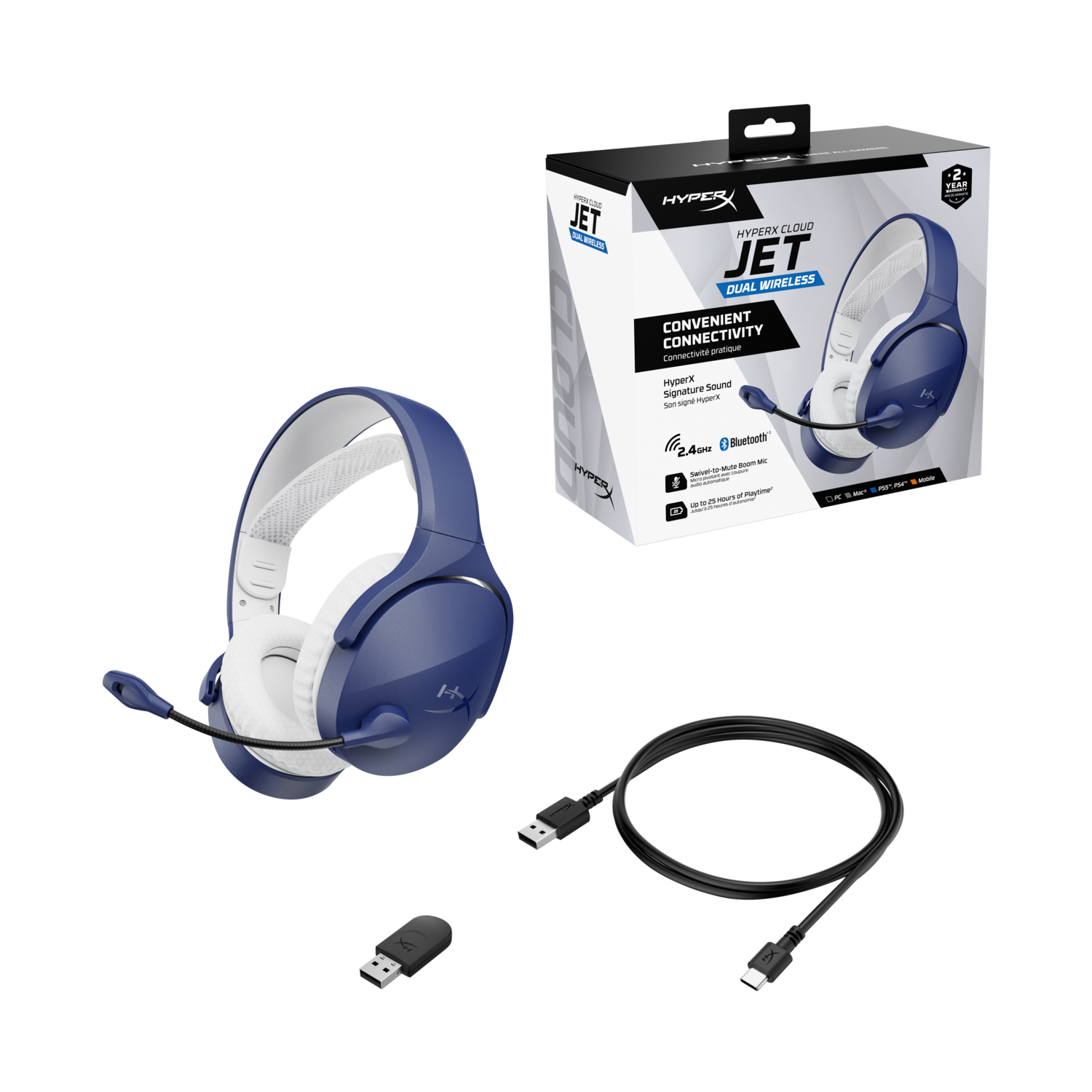 HyperX gaming headset with box, cable, and USB dongle.
