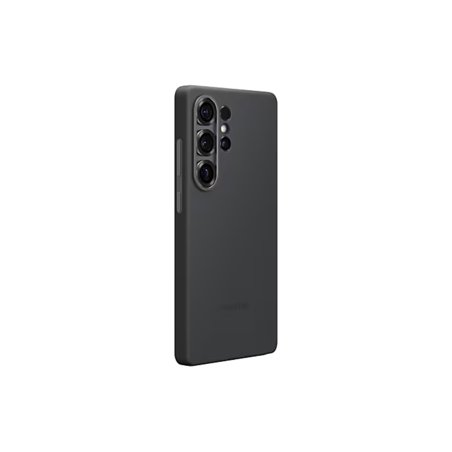 Een donkergrijze telefoonhoes met drie cameralenzen, rechtopstaand.