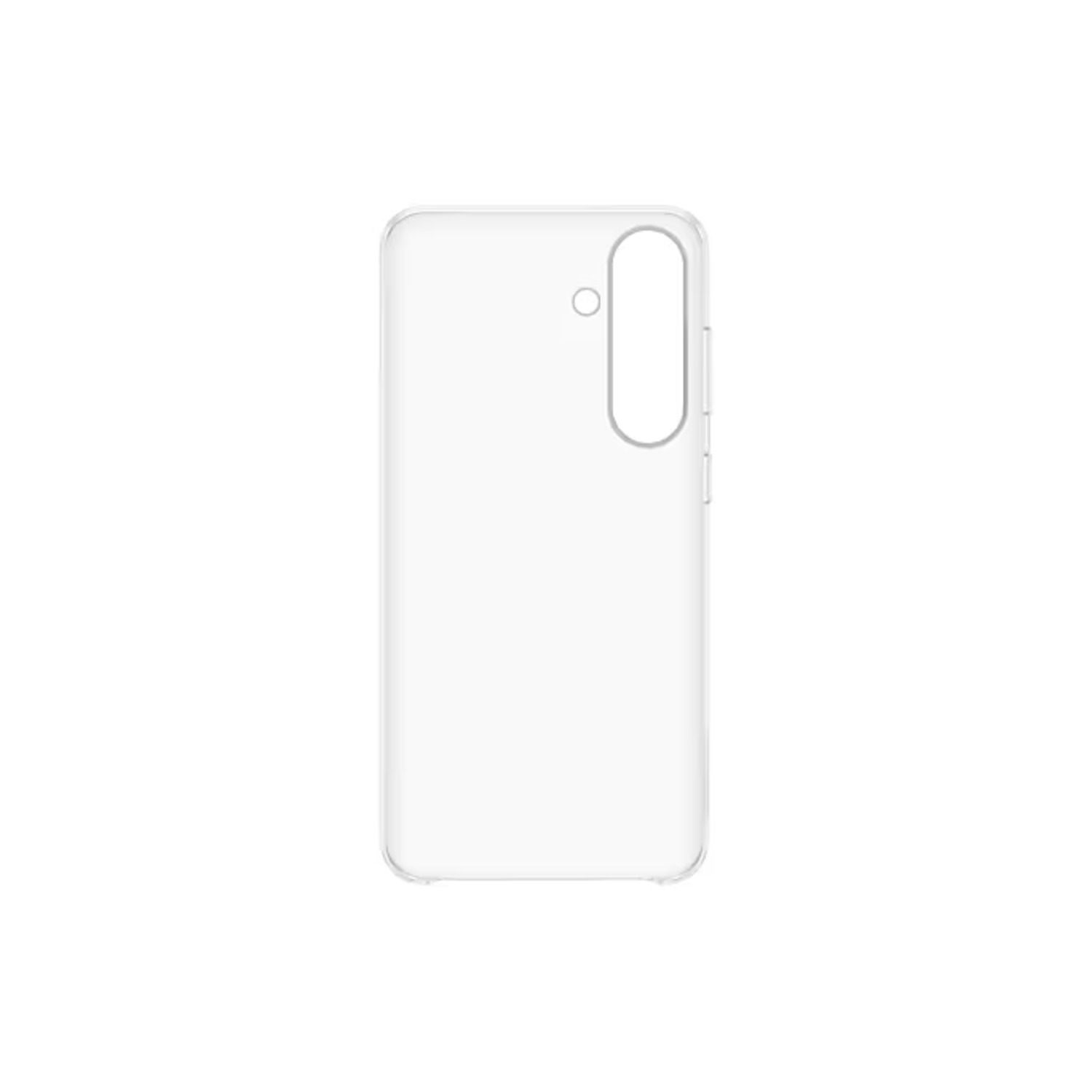 Een doorzichtige telefoonhoes, met een camera-opening en zijknoppen, op een witte achtergrond.