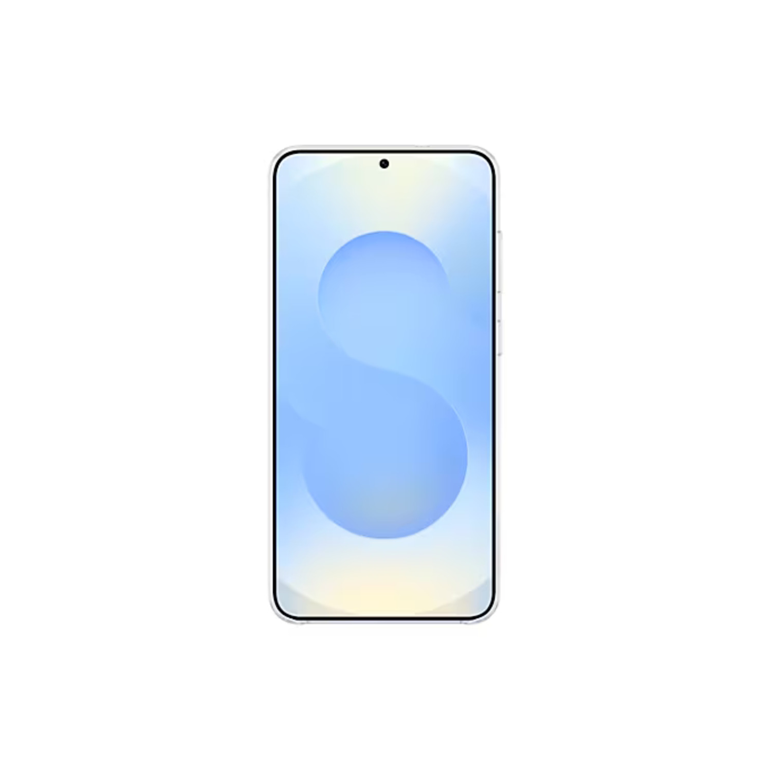 Een witte smartphone met een lichtblauw en gele gradiënt 'S' ontwerp op het scherm, geïsoleerd op witte achtergrond.