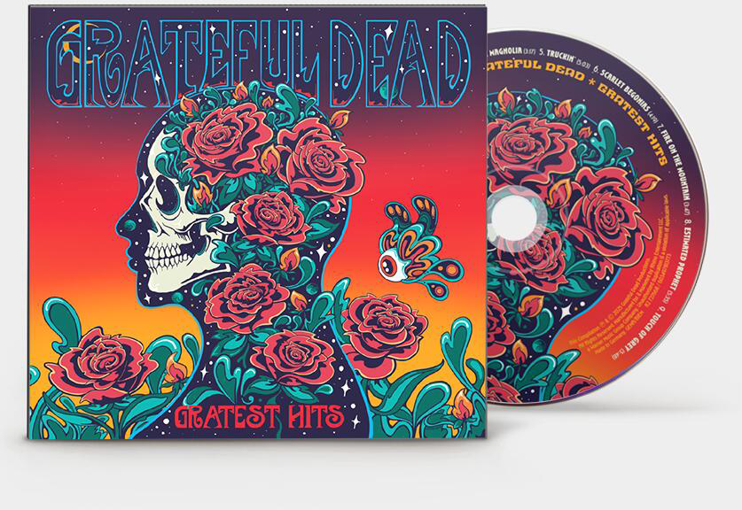 Grateful Dead 'Greatest Hits' CD borító koponya és rózsák grafikával.
