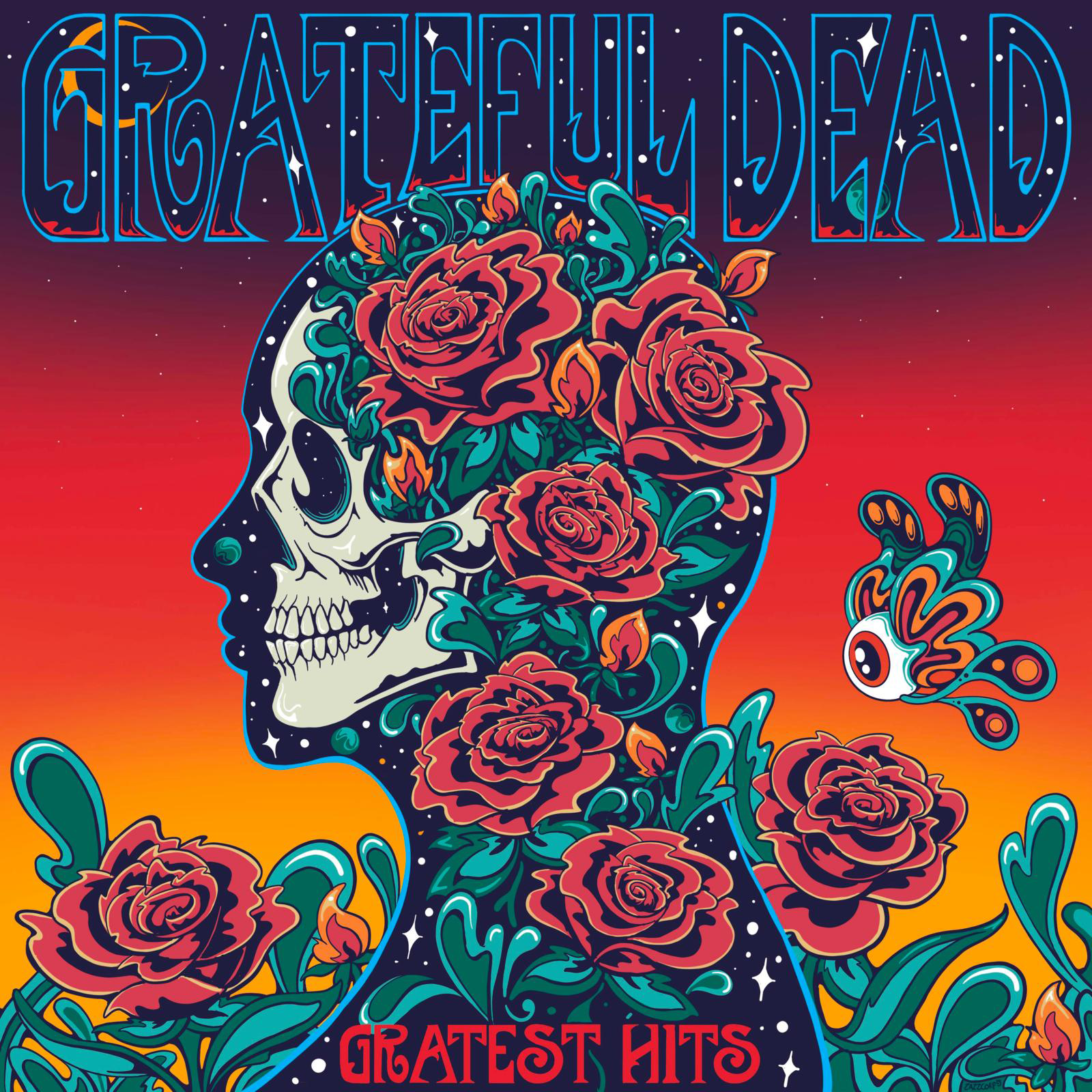Grateful Dead album borítója koponyával, rózsákkal és színes képekkel.