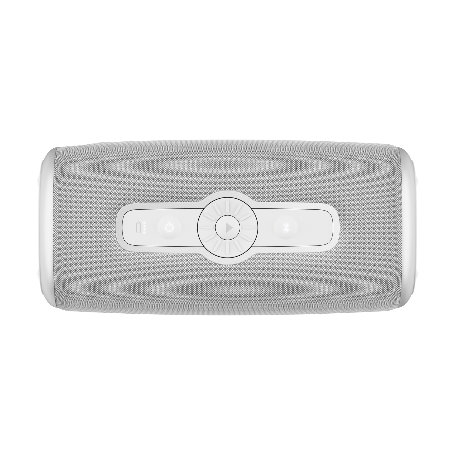 White speaker, top view, buttons, mesh front, white background, oval shape.