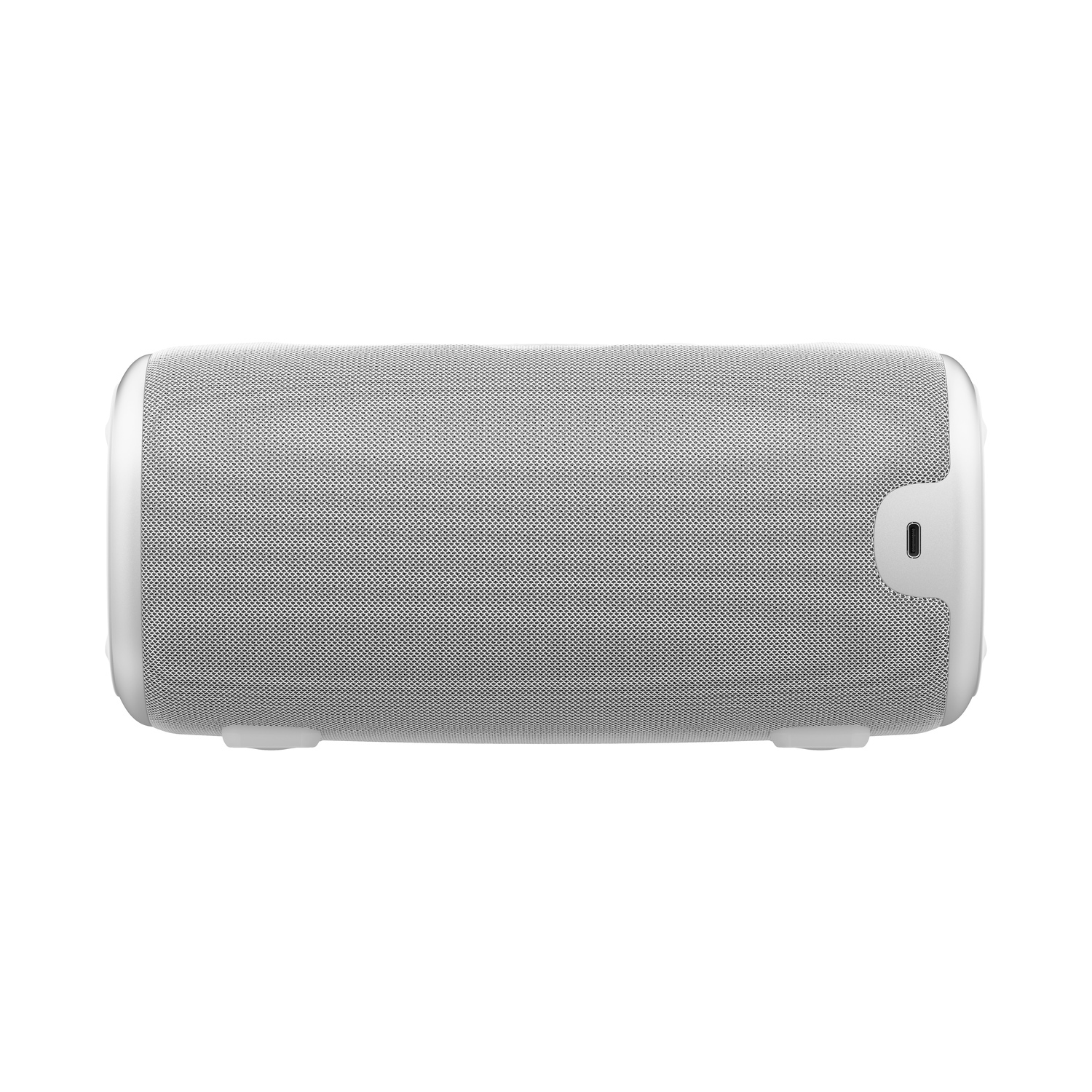 A white, rectangular speaker with a mesh front, and a USB port on the side.