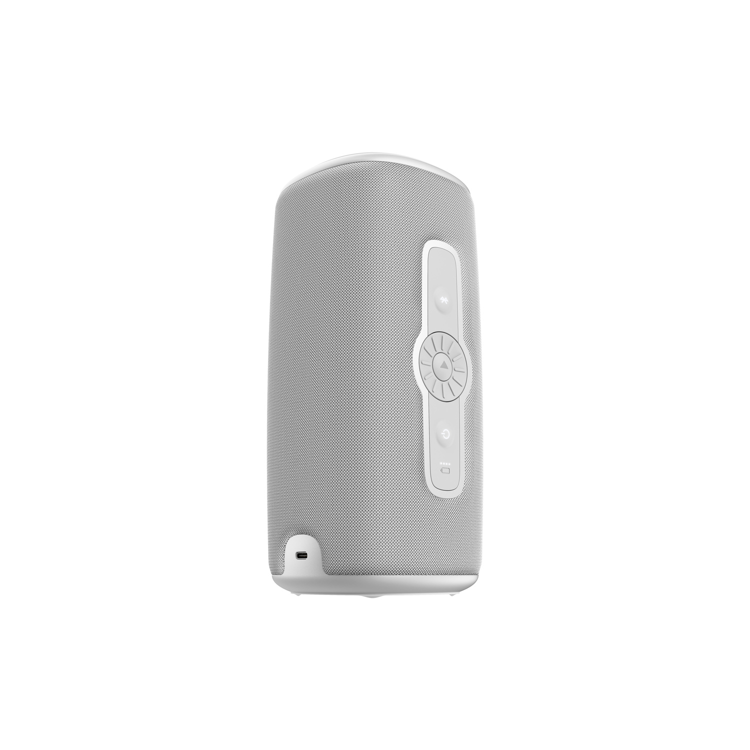 A white cylindrical speaker with control buttons and a USB port.