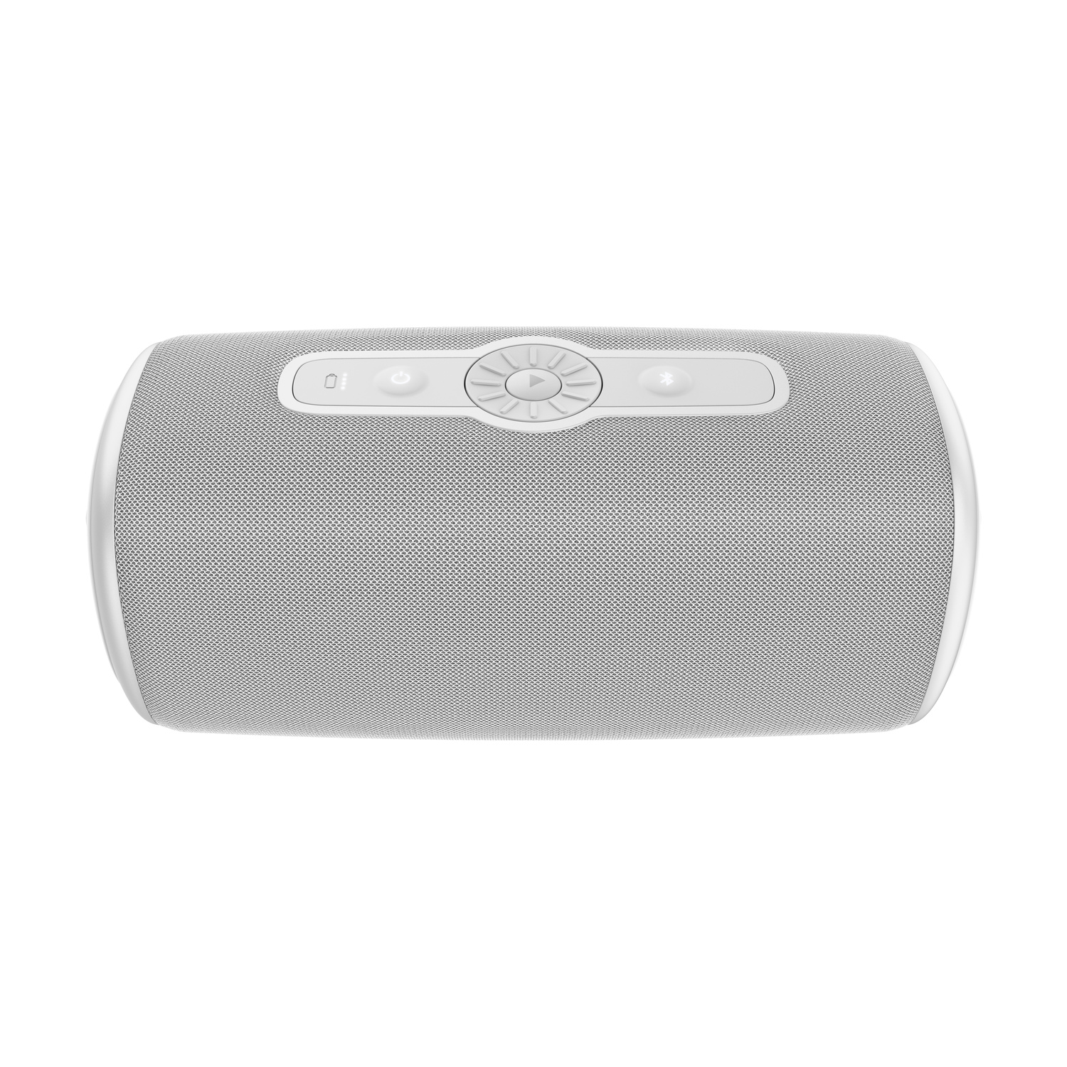 White rectangular speaker with a mesh front, top view, with buttons and control panel.