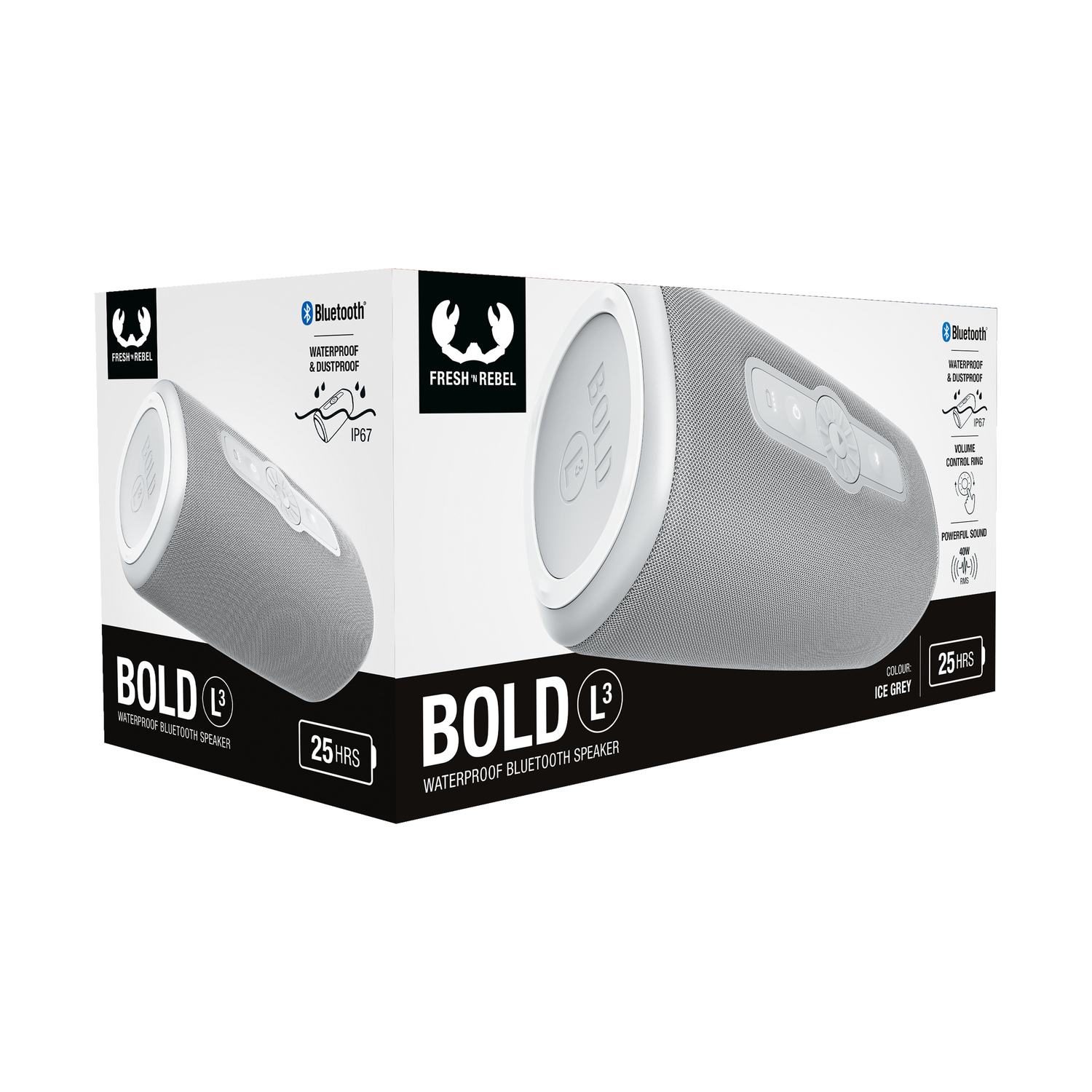 White and grey speaker in box, with text and logos.