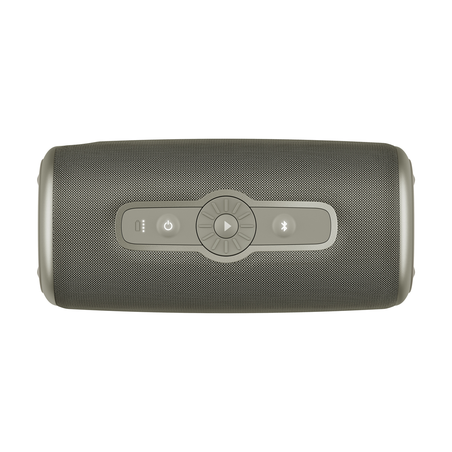 A grey speaker with control buttons on top, and a metal mesh exterior. White background.