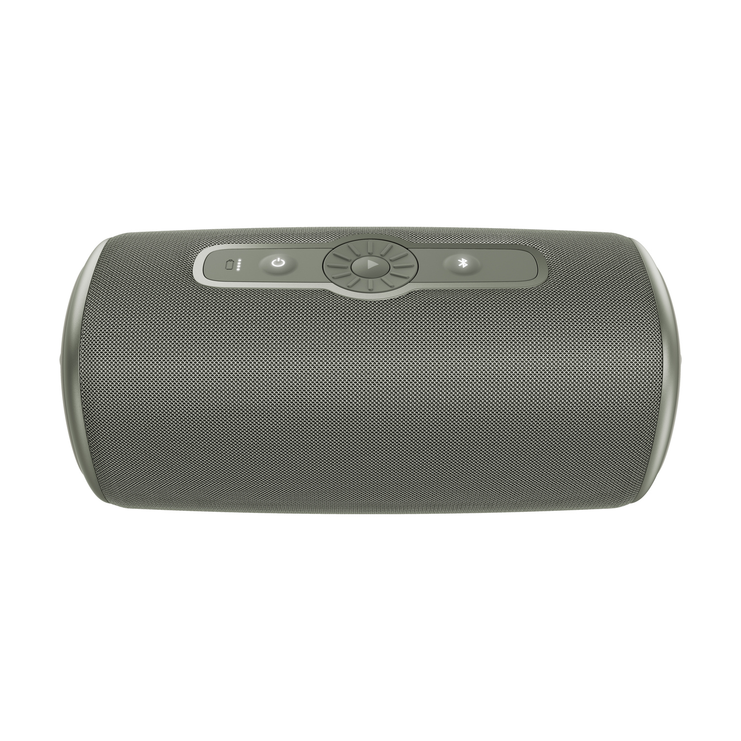 A gray speaker with buttons on top.