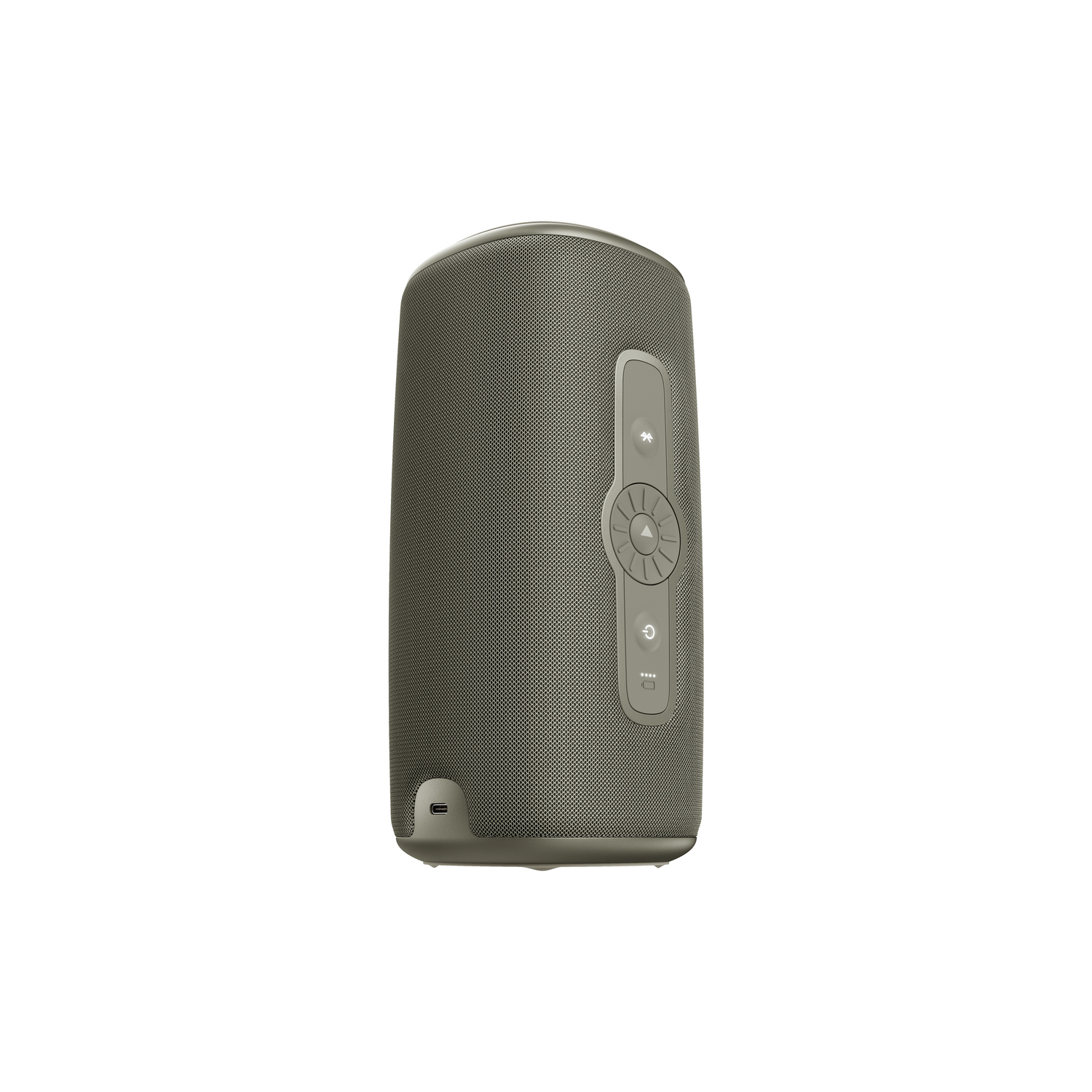 A grey cylindrical speaker with control buttons and a charging port, on a white background.