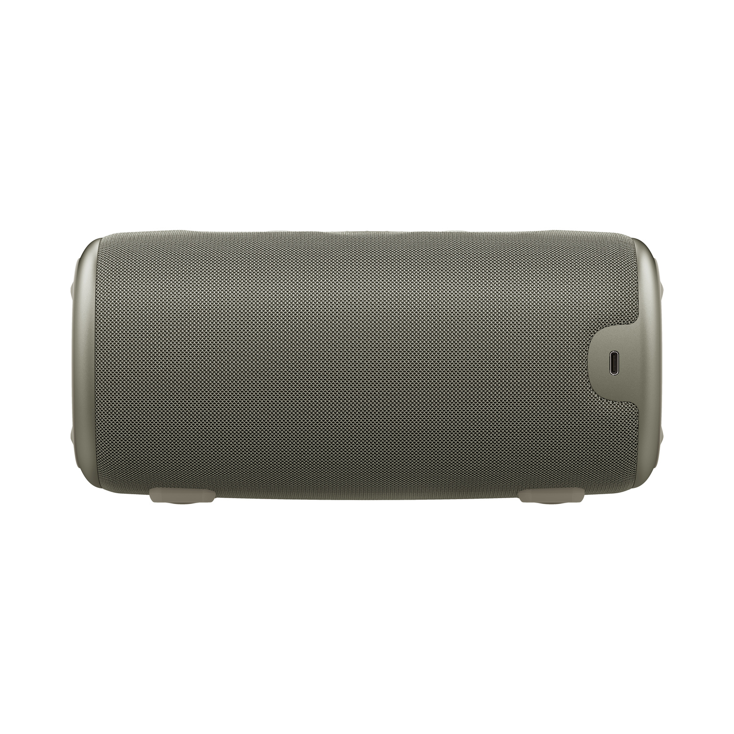 A cylindrical speaker, gray fabric covering, with a USB port, white background.