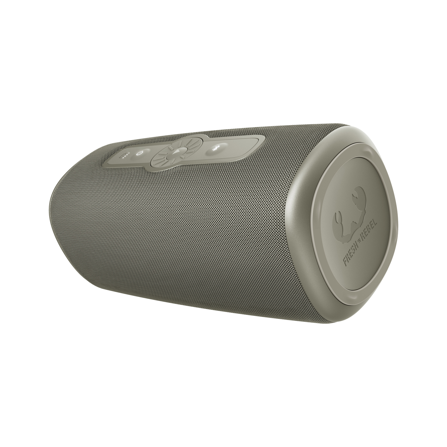Gray cylindrical speaker with buttons and a logo on a white backdrop.