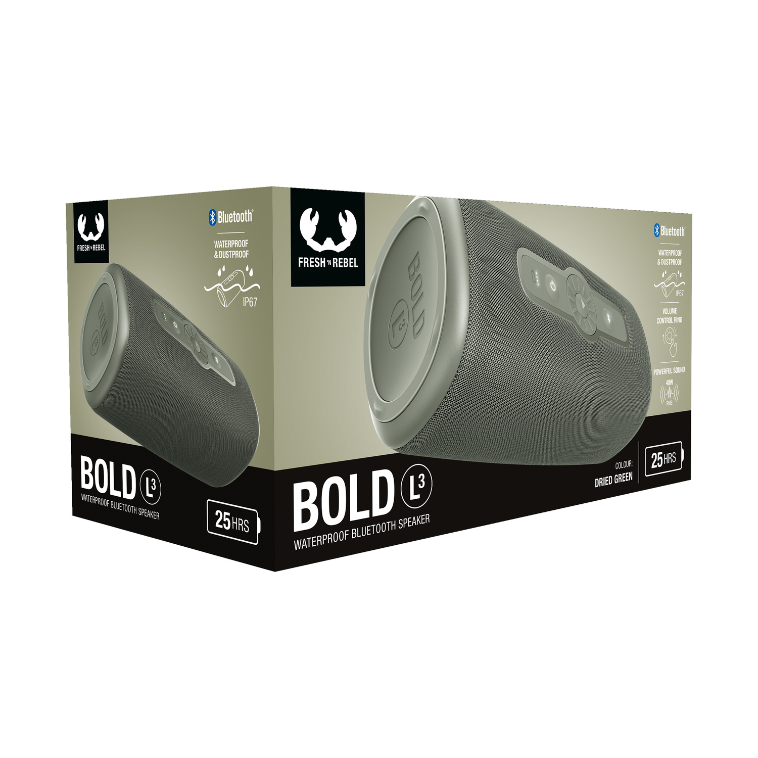 Two speakers in a box. Grey speakers with the word BOLD on them.
