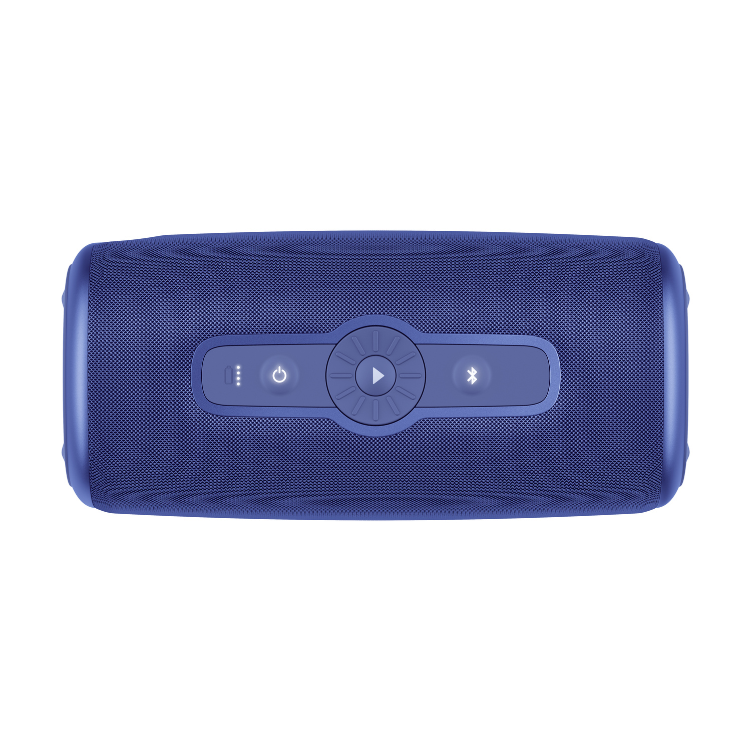 A blue speaker with control buttons on top, and a metal mesh exterior. White background.