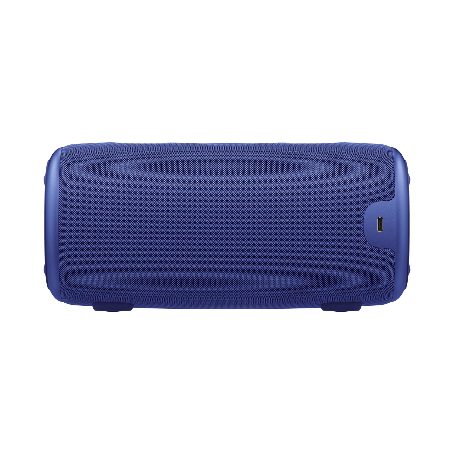 A blue, rectangular speaker with a mesh front, and a USB port on the side.