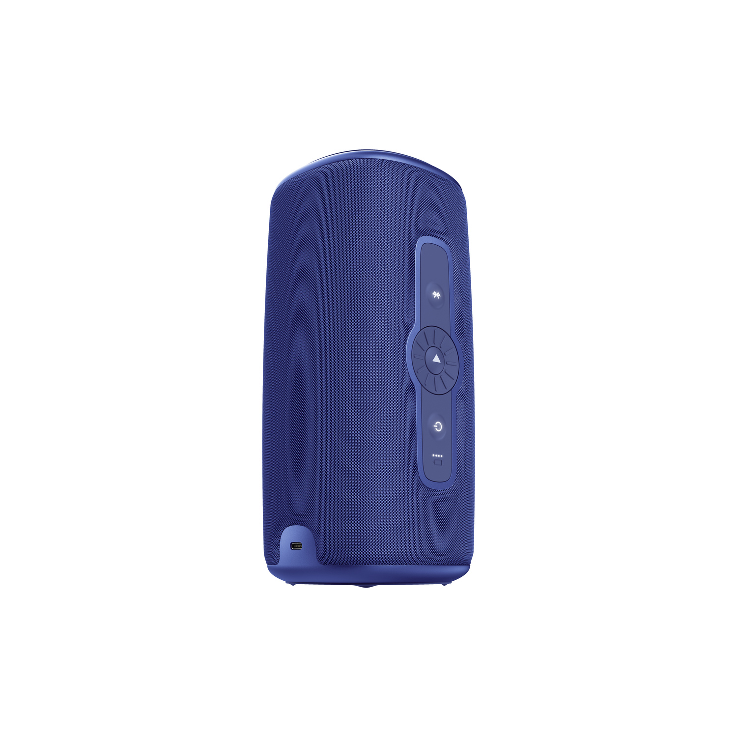 Blue cylindrical speaker with control buttons on a white background.