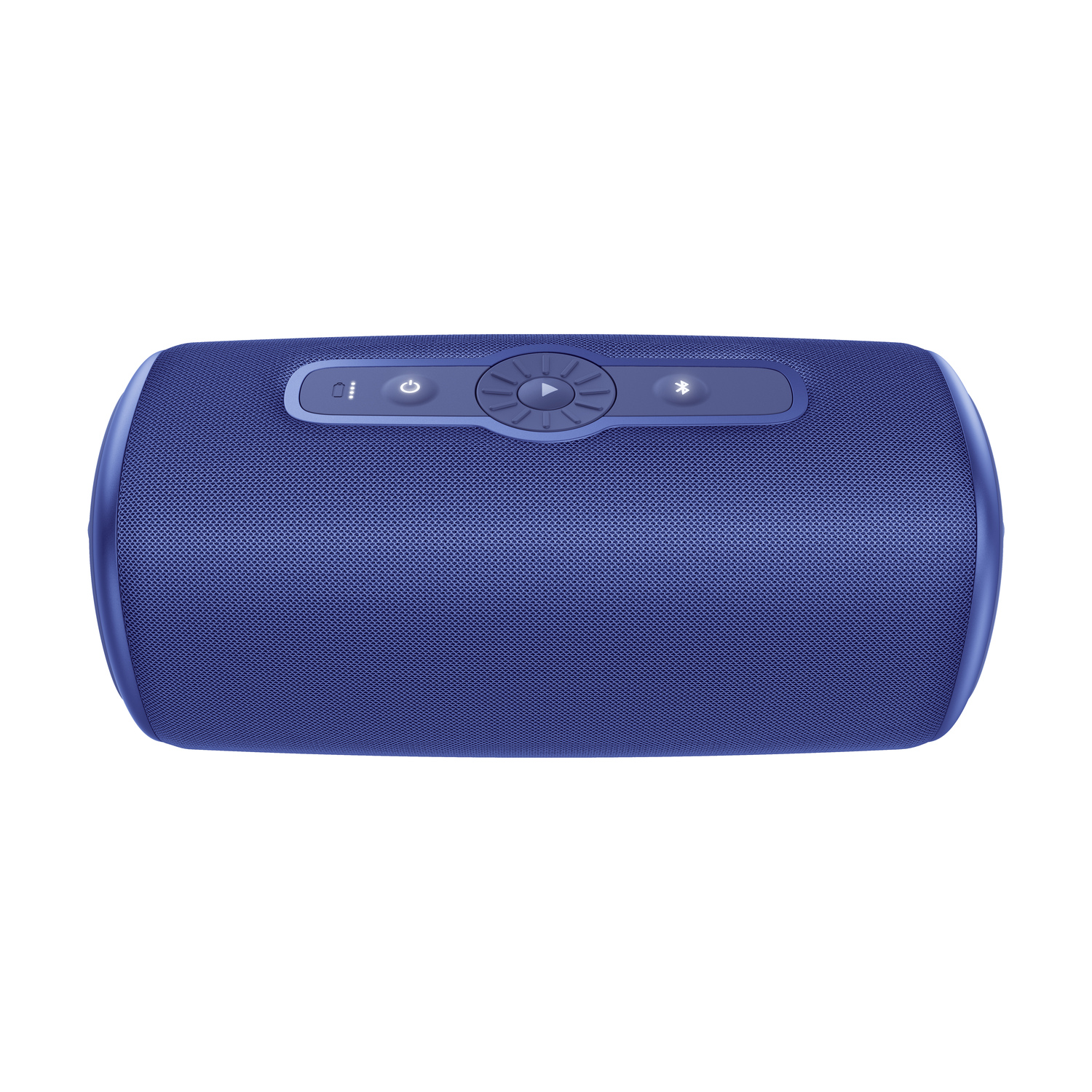 Blue speaker with top-down view, featuring control buttons and a mesh surface.