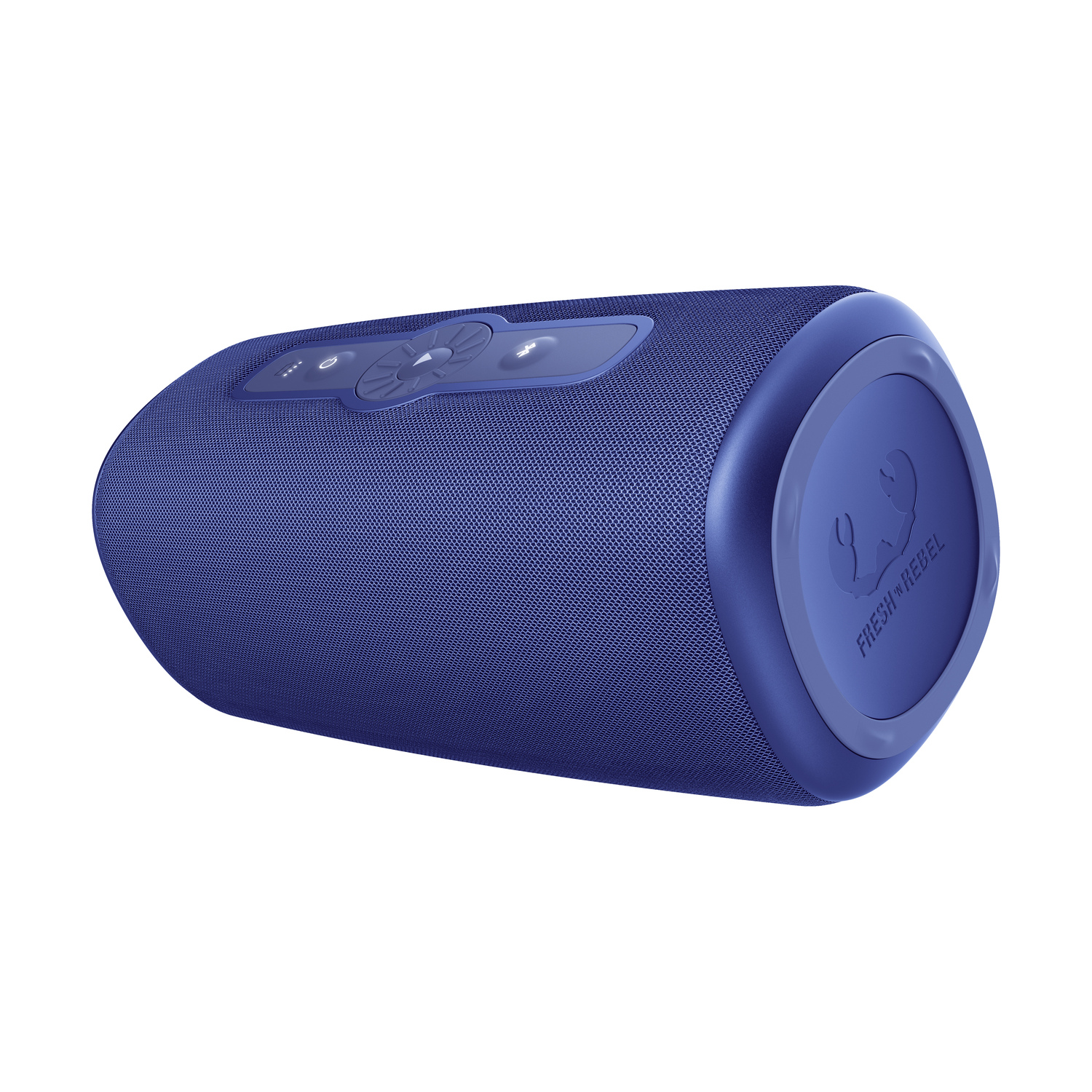 A blue, cylindrical speaker with control buttons on top and the Fresh Rebel logo on the side.