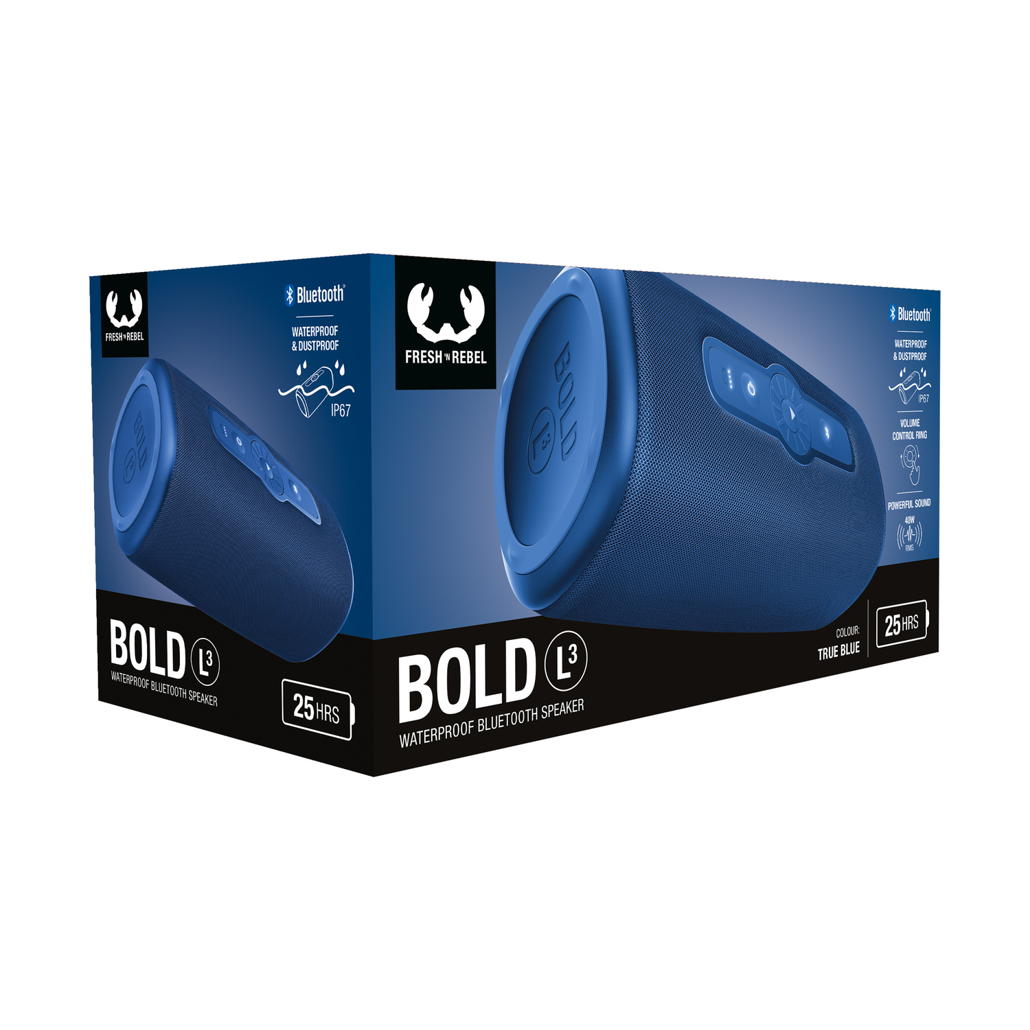 Blue waterproof speaker box labeled BOLD with 25 hours battery life.