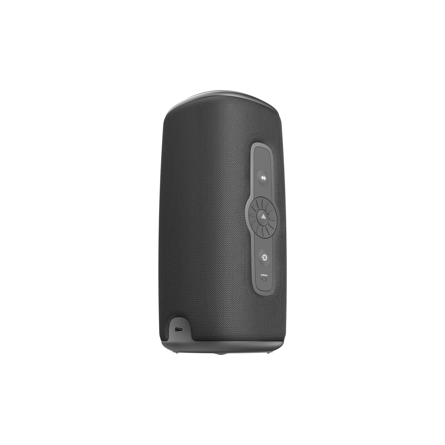 A dark gray cylindrical speaker with control buttons on the side, isolated on white background.