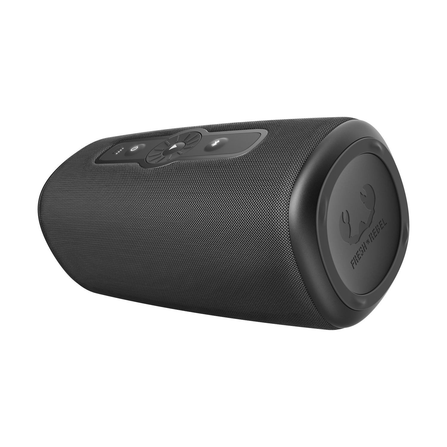 Black speaker with control buttons and Fresh Rebel logo. The speaker is on white background.
