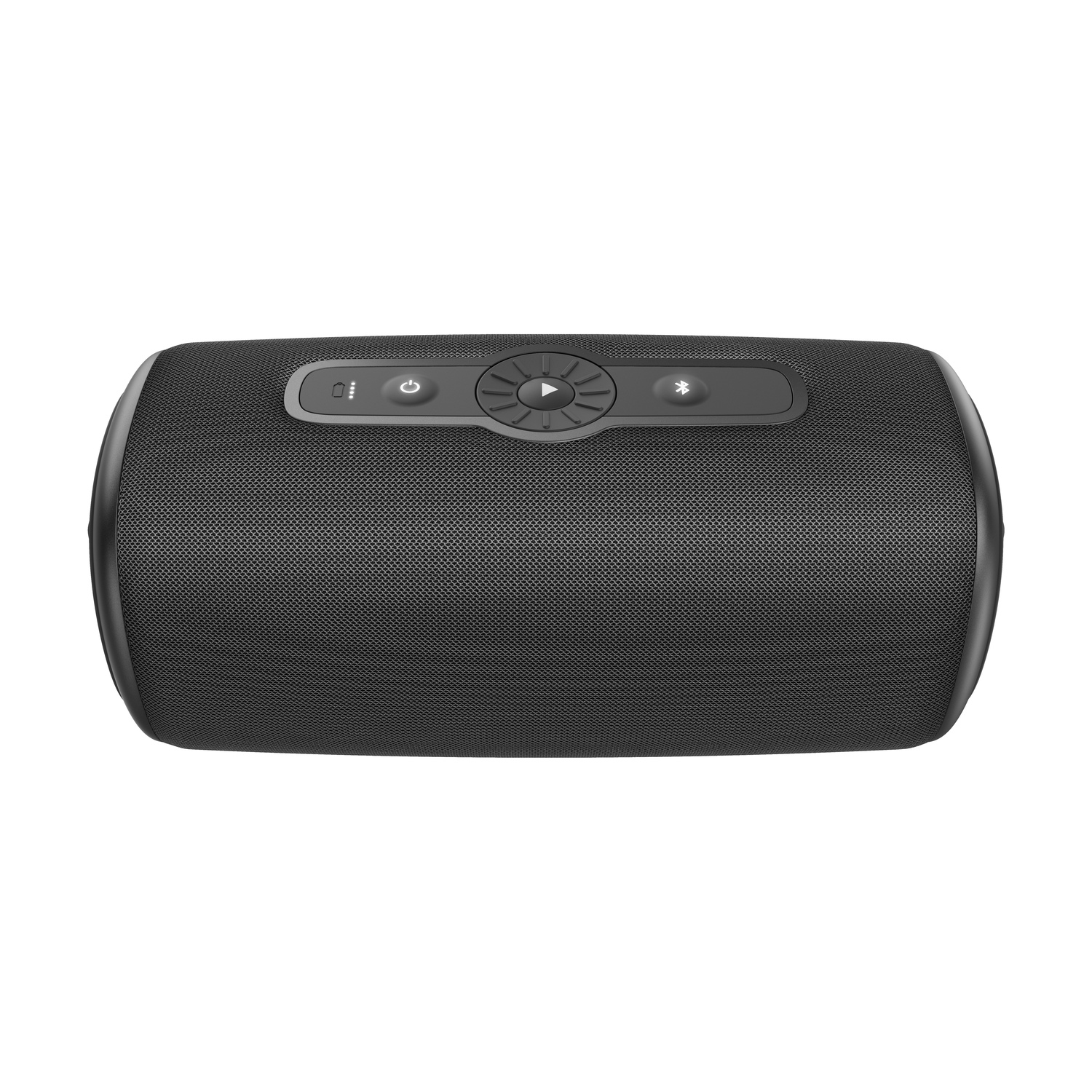Black rectangular speaker with buttons on top. A mesh grill covers the front.