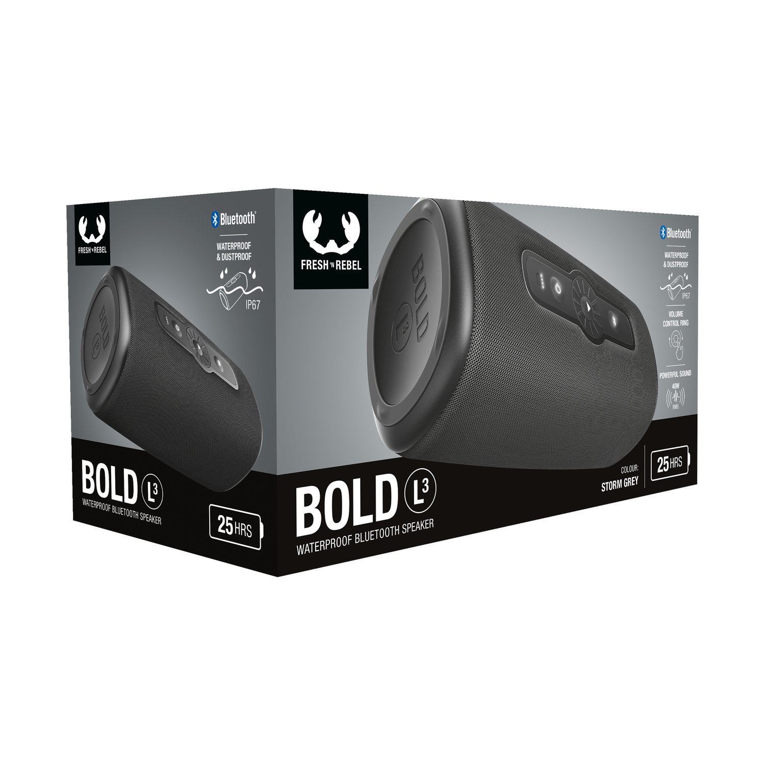 Black Bold L3 speaker in a box. Bluetooth logo and 25 hours text are visible.