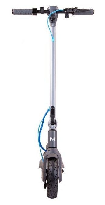 Szara i niebieska hulajnoga elektryczna, widok z przodu.