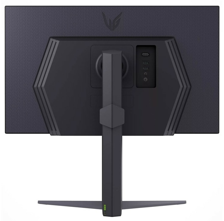 Widok z tyłu czarnego monitora LG, pokazujący porty i stojak.