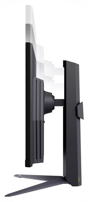 Widok z boku czarnego monitora LG, pokazujący regulowane pochylenie.