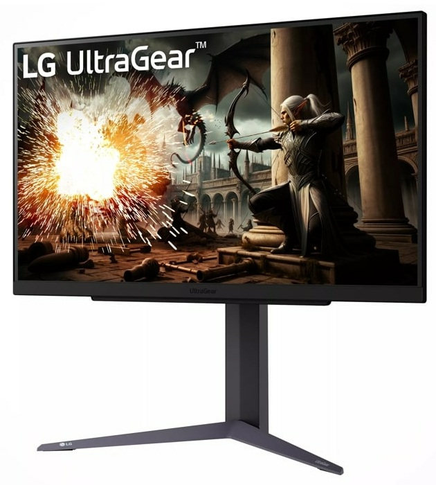 Monitor LG UltraGear wyświetla fantastyczną scenę z łucznikiem i smokiem.