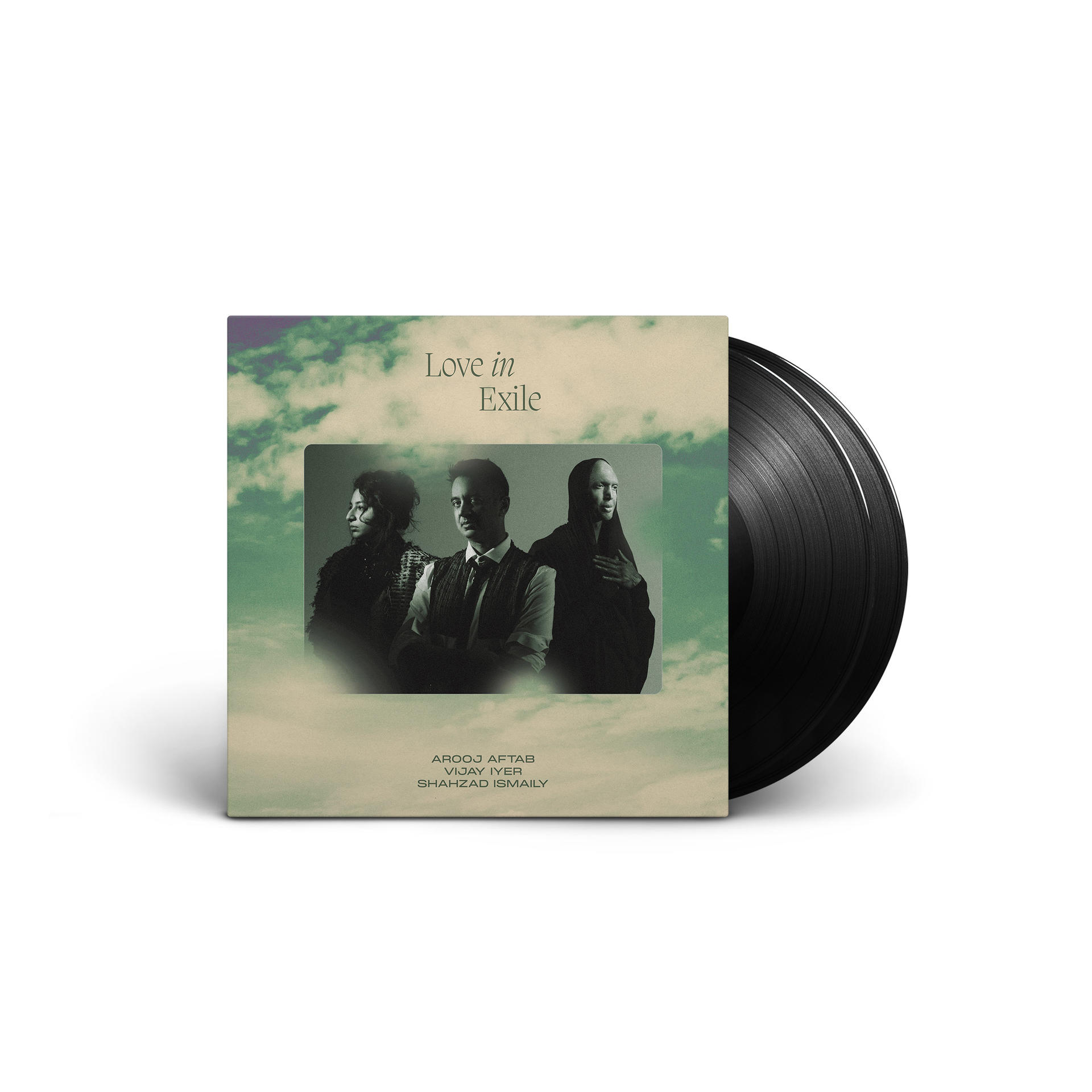 Love in Exile' album borító három emberrel, bakelit lemezen. Fehér háttér.