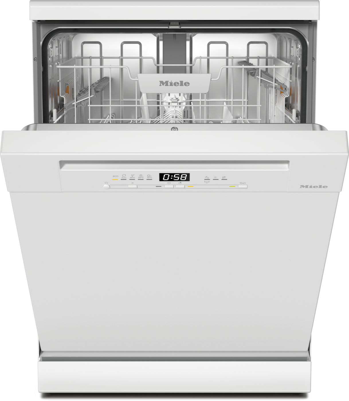 Weiße Miele Spülmaschine, geöffnet mit sichtbaren Gestellen.